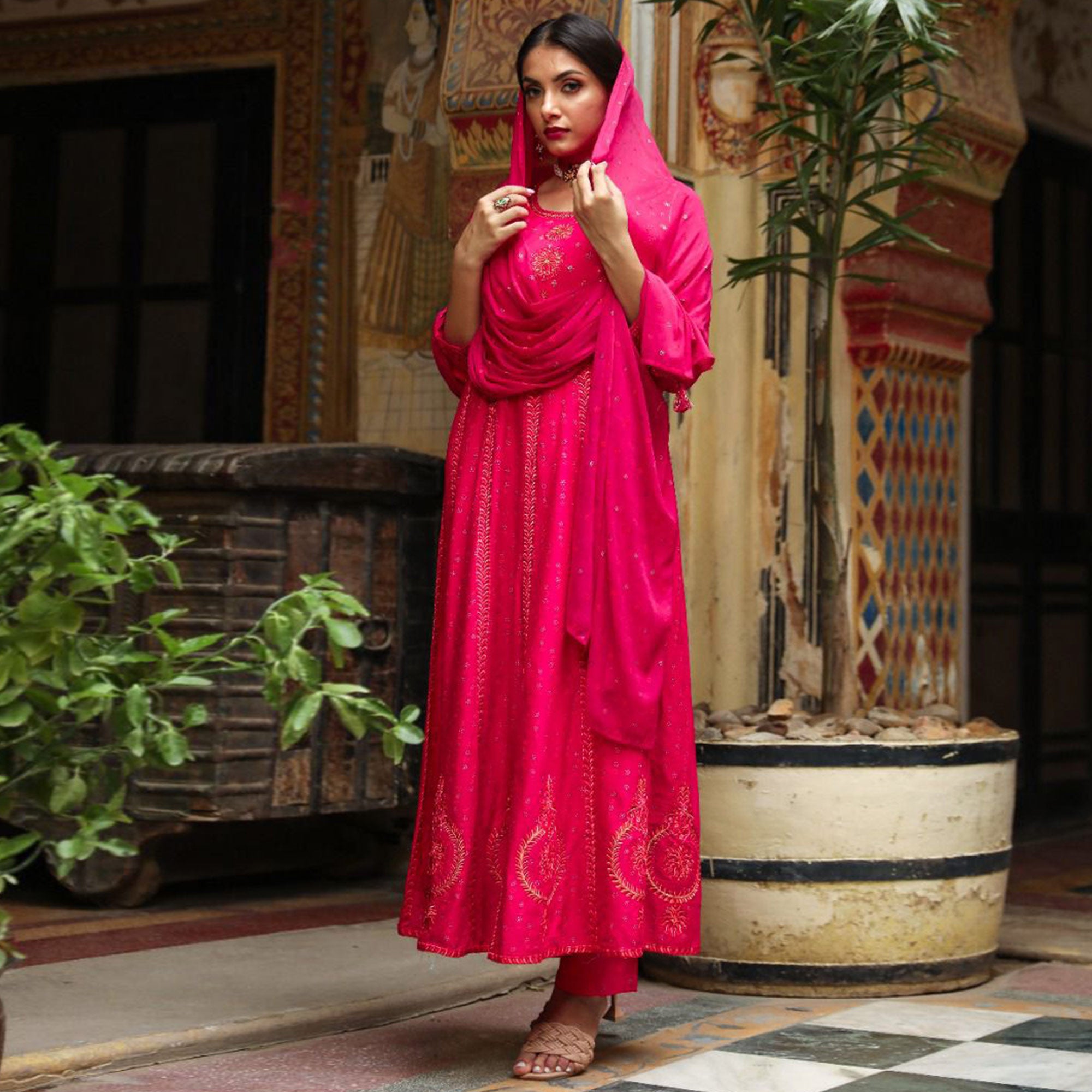 Pink Printed & Embroidered Rayon Anarkali Suit