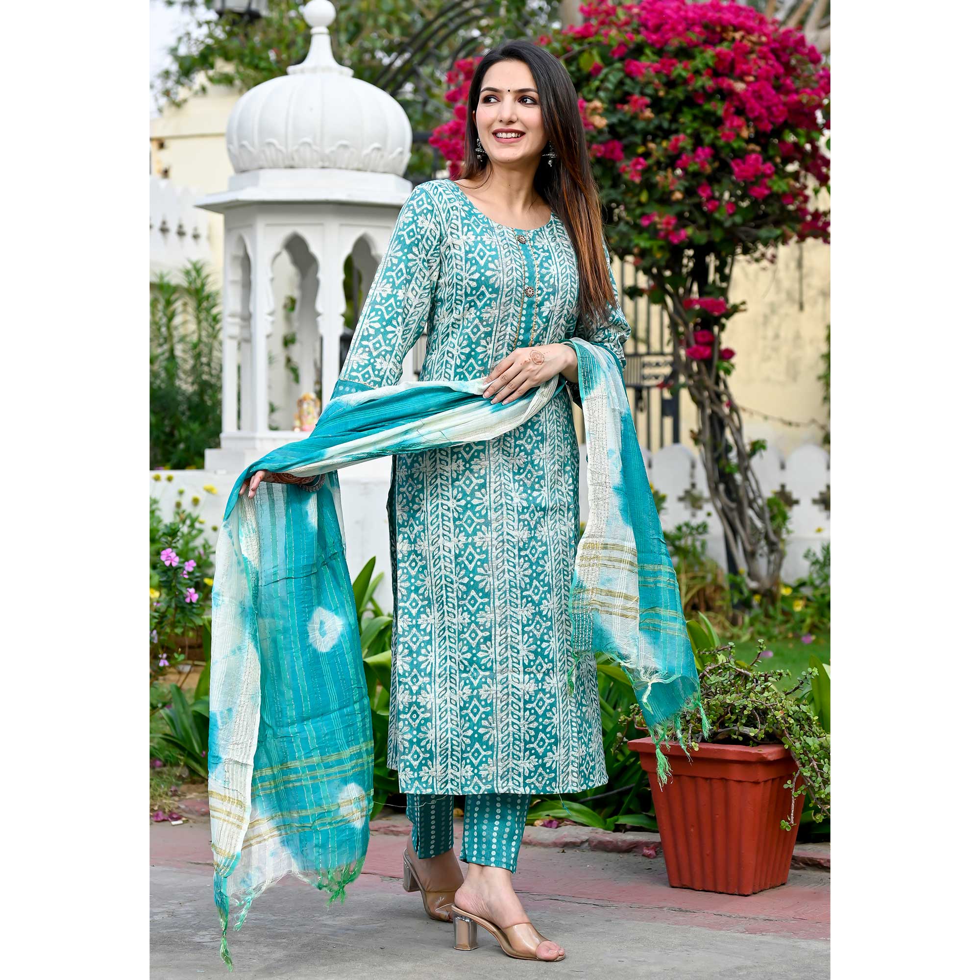 Rama Blue Floral Foil Printed Rayon Suit