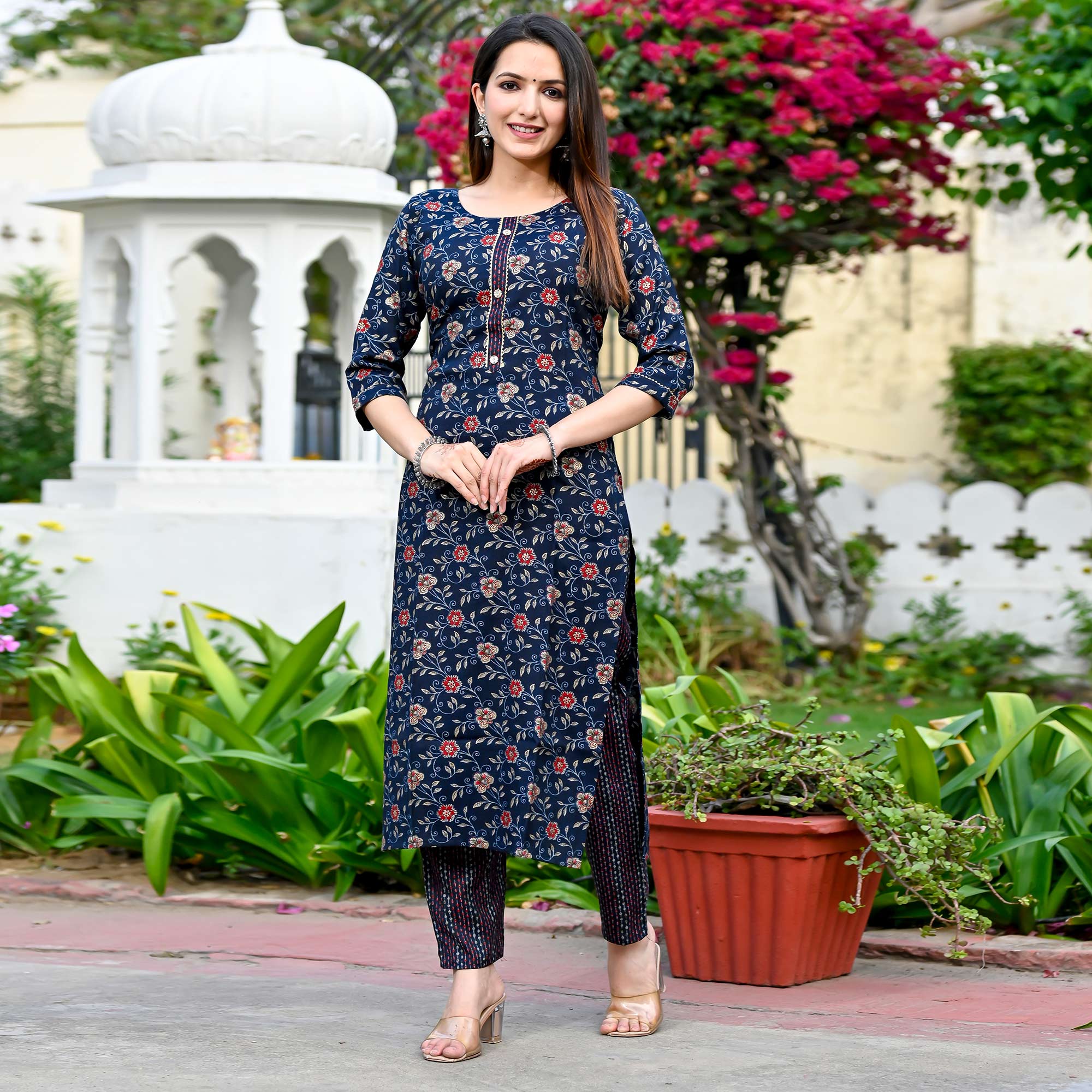 Navy Blue Floral Foil Printed Rayon Suit