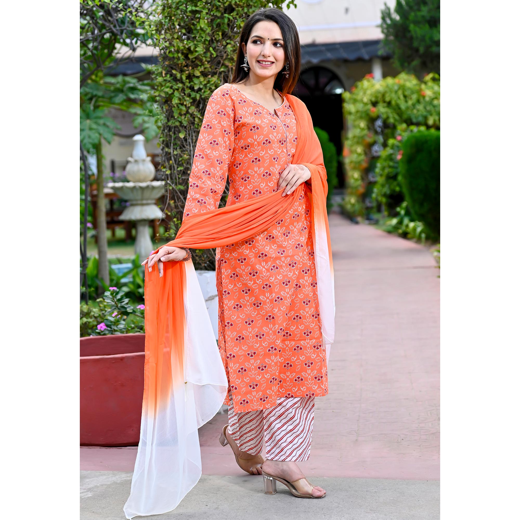 Orange Floral Printed Pure Cotton Salwar Suit