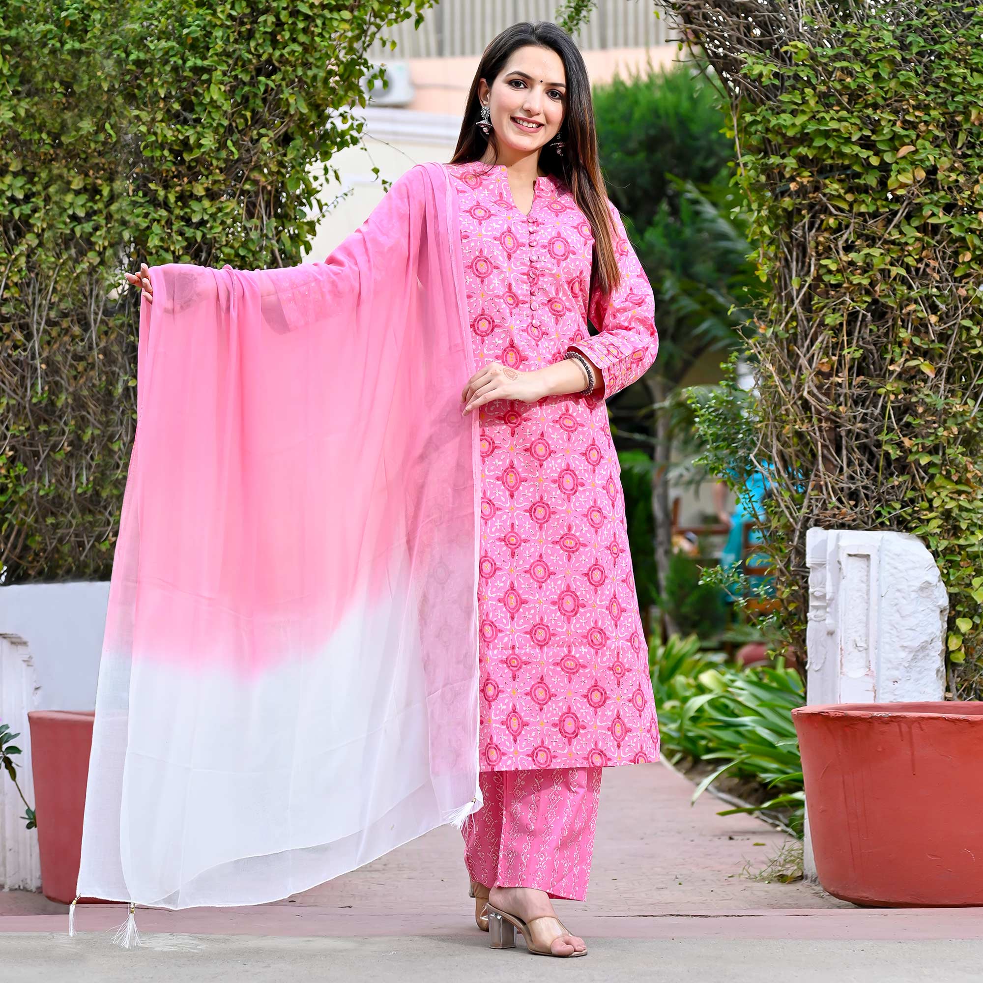 Pink Printed Pure Cotton Salwar Suit