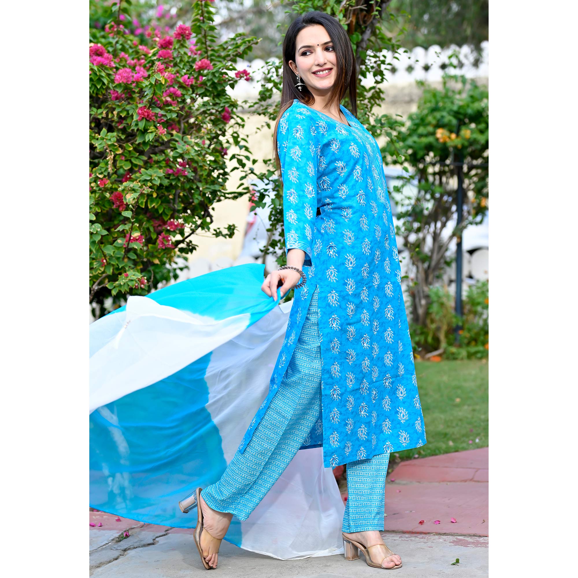 Blue Printed Pure Cotton Salwar Suit