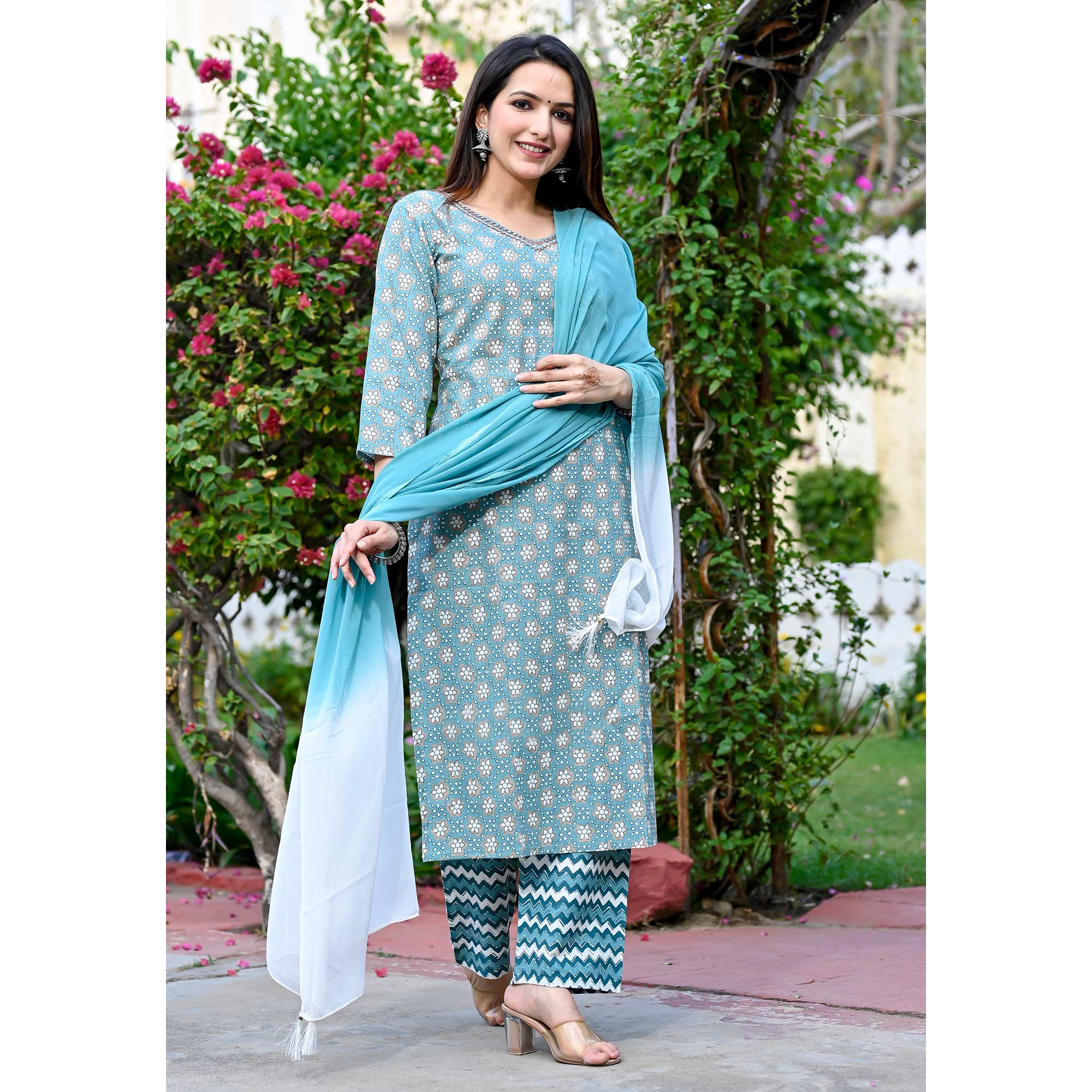 Blue Floral Printed Pure Cotton Salwar Suit
