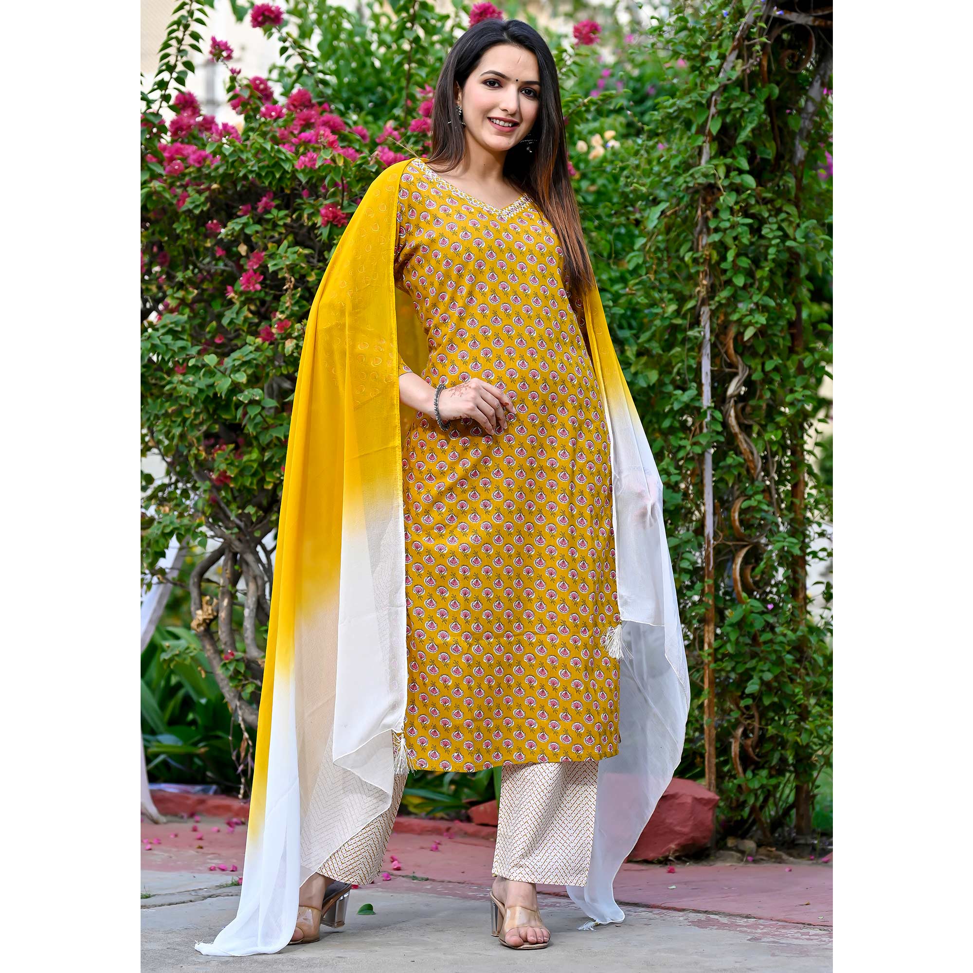 Mustard Floral Printed Pure Cotton Salwar Suit