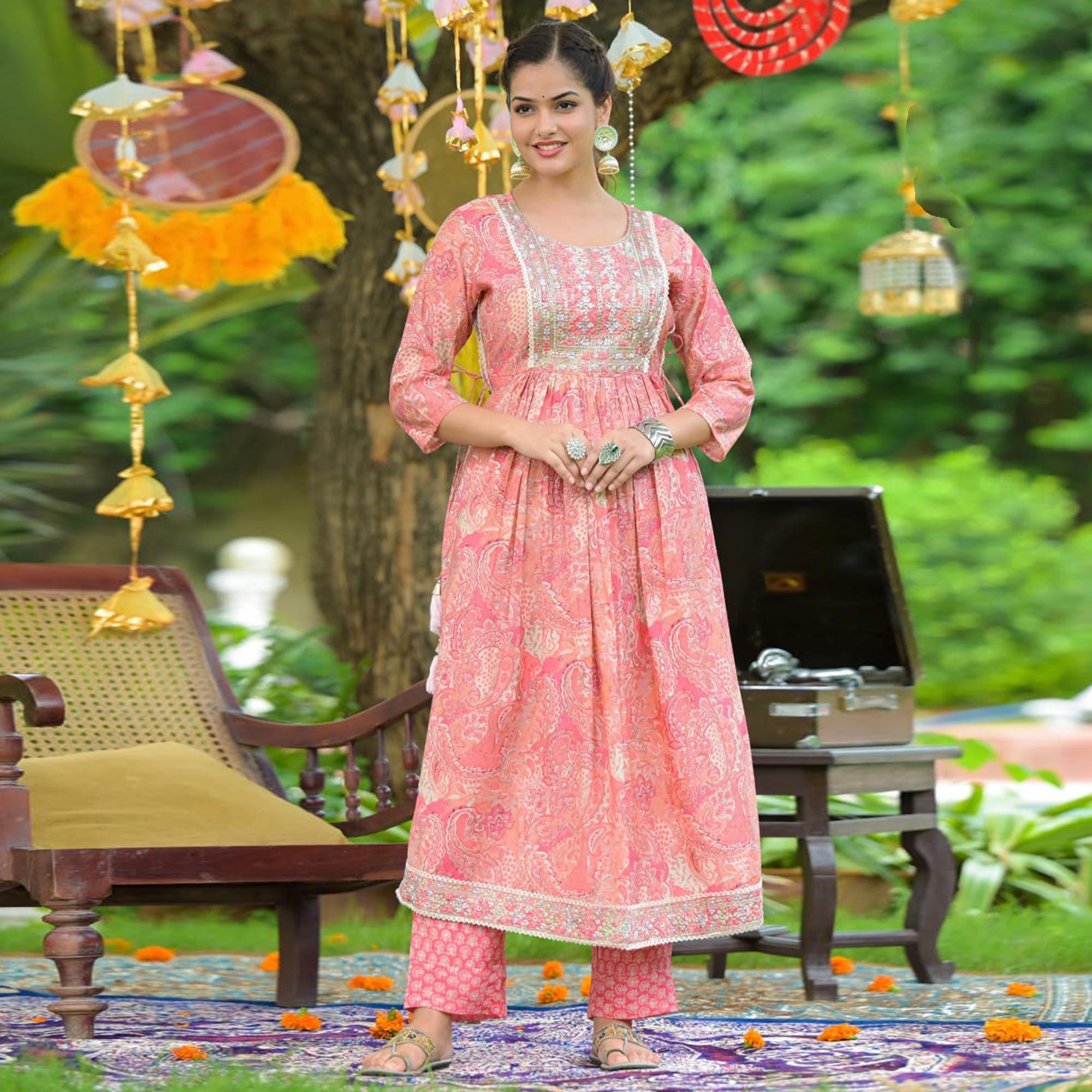Pink Printed With Embellished Chanderi Anarkali Suit