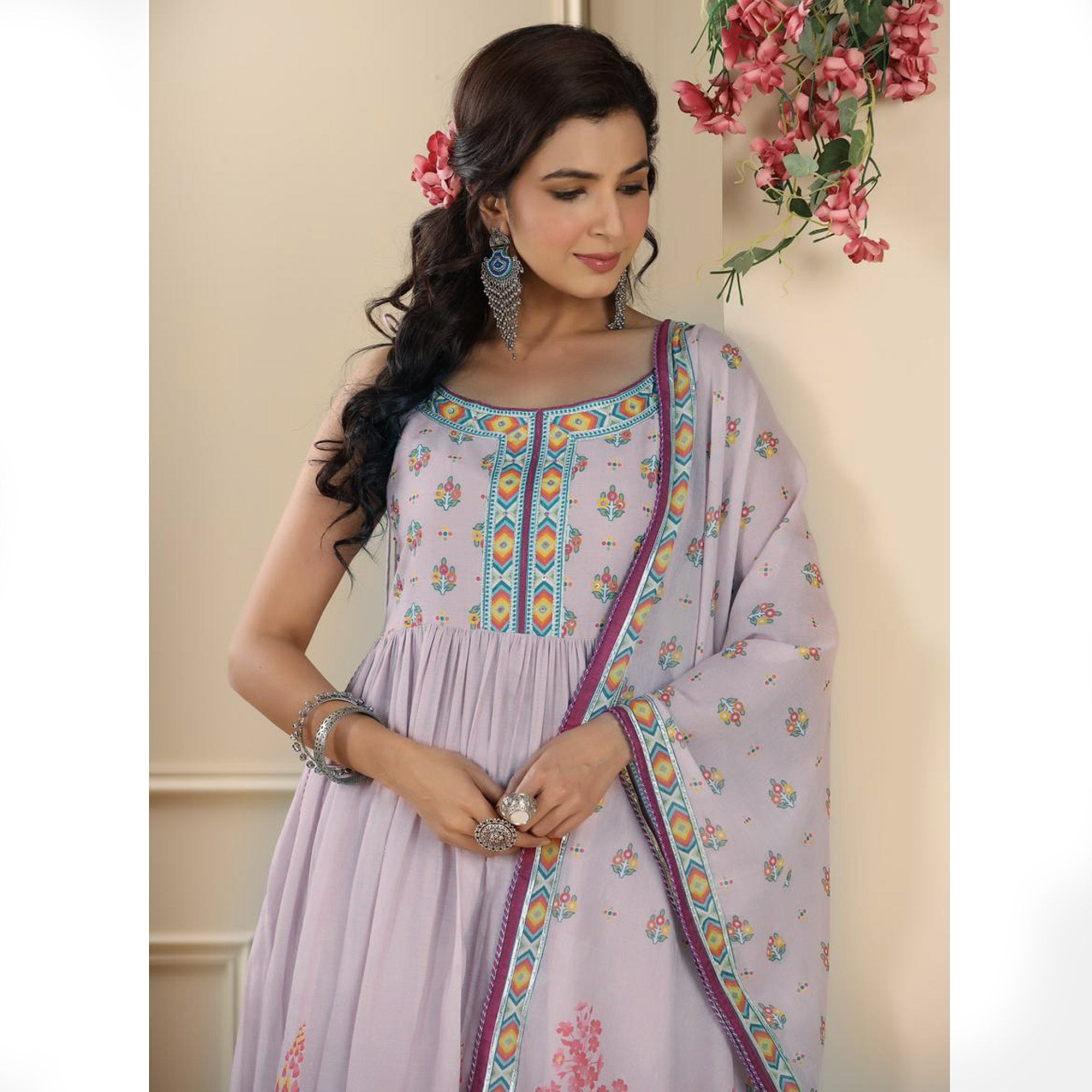 Lavender Floral Printed Pure Cotton Naira Cut Suit