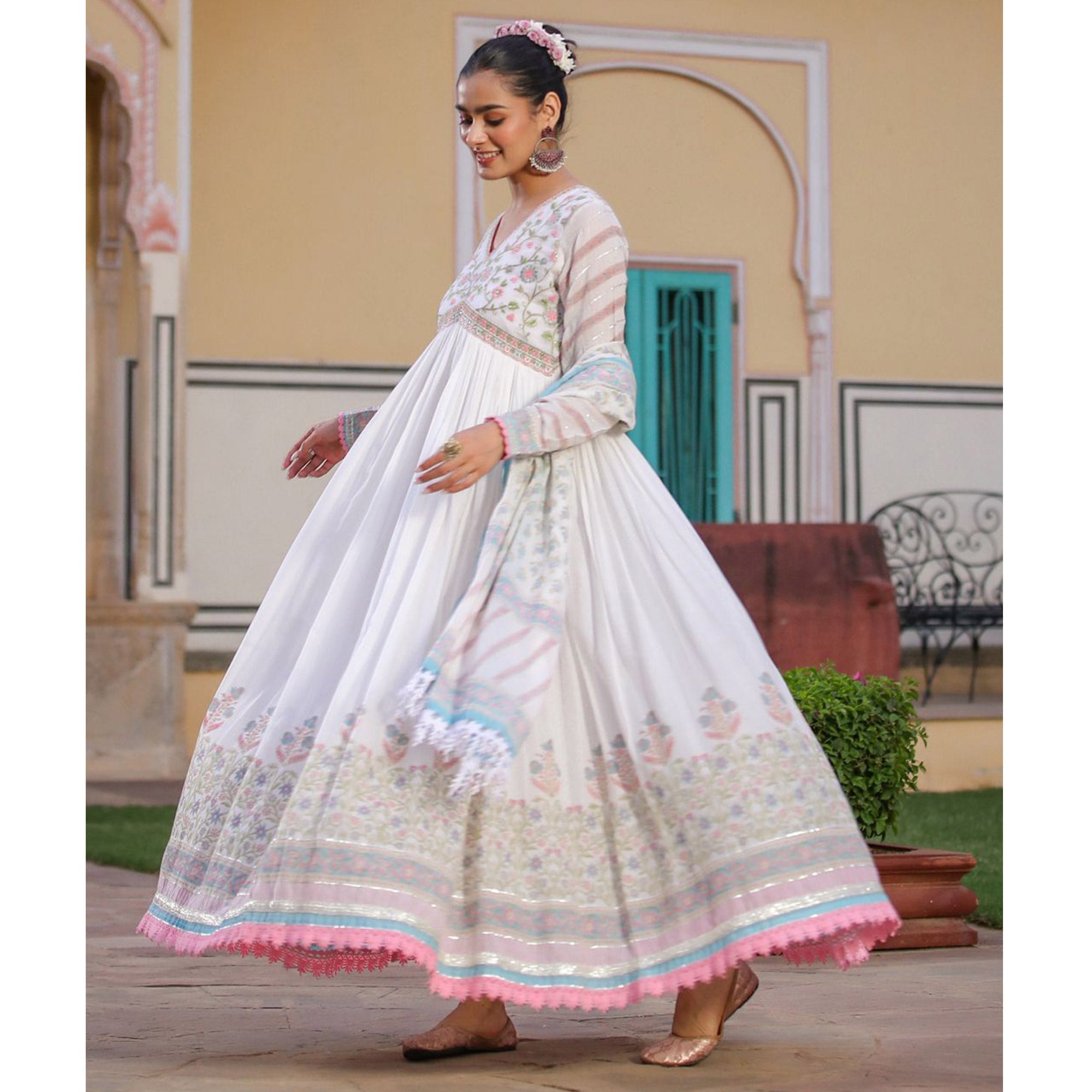 White Peach Floral Printed Pure Cotton Gown With Dupatta