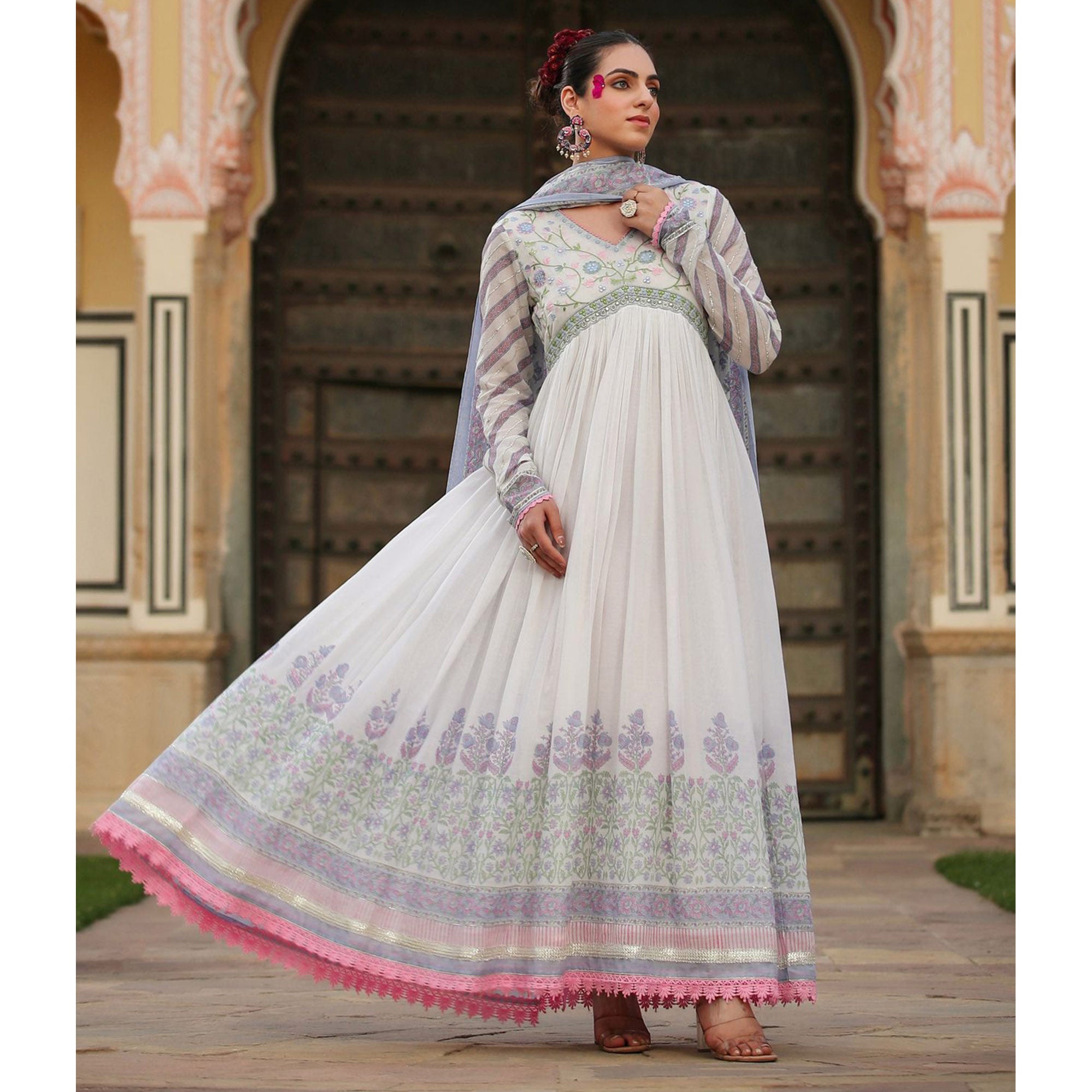 White Violet Floral Printed Pure Cotton Gown With Dupatta