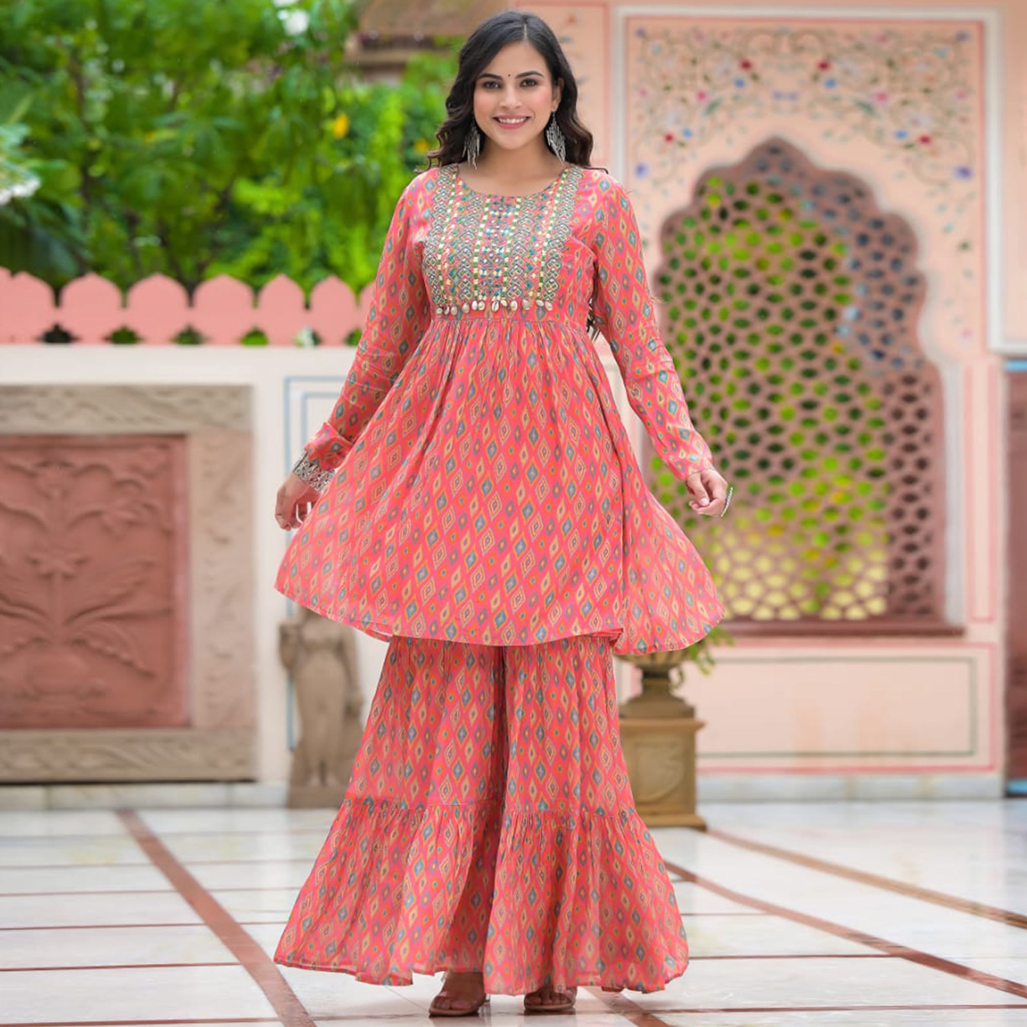 Pink Printed Chiffon Sharara Suit