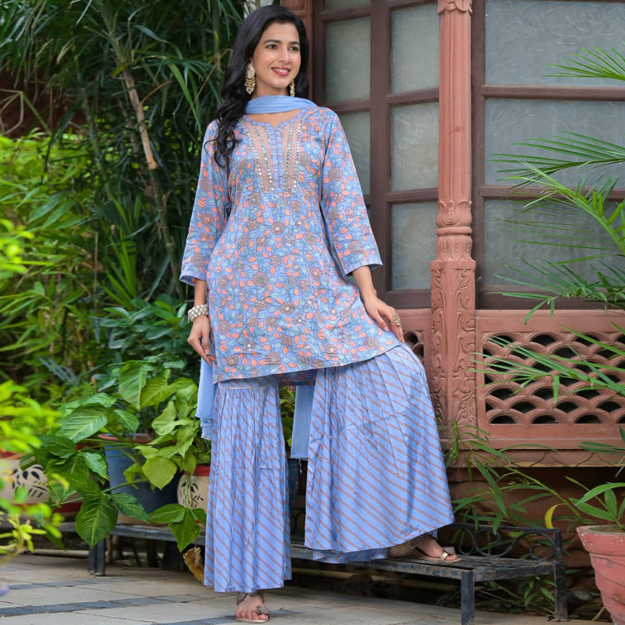 Blue Floral Printed Muslin Sharara Suit
