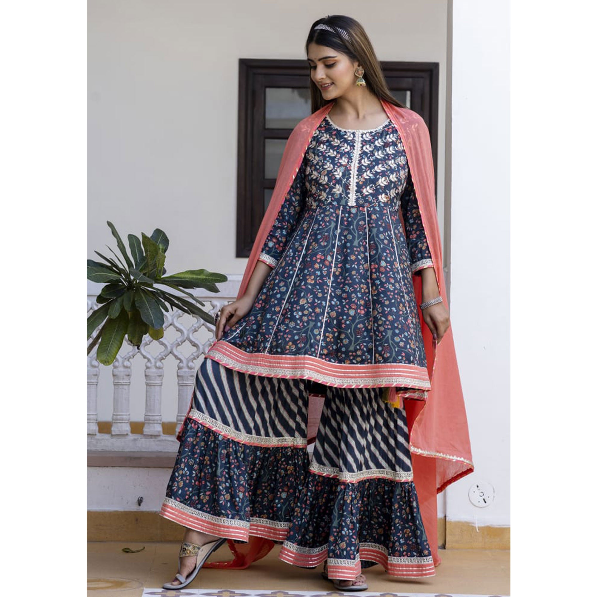 Blue Floral Printed With Gota Work Muslin Sharara Suit