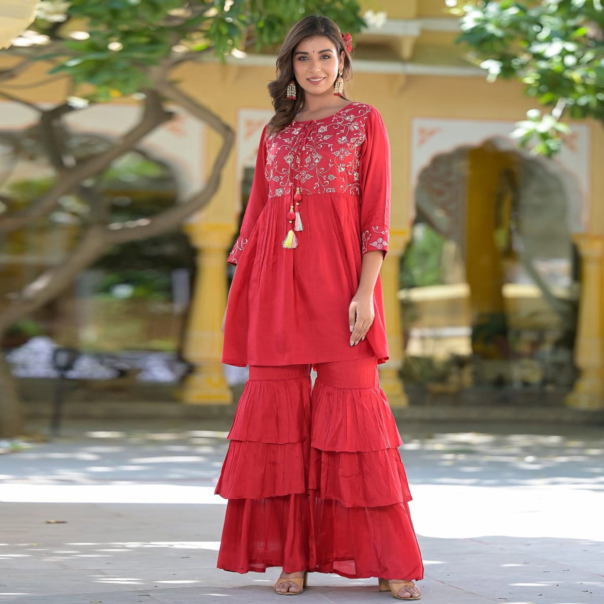 Red Floral Embroidered Muslin Sharara Suit