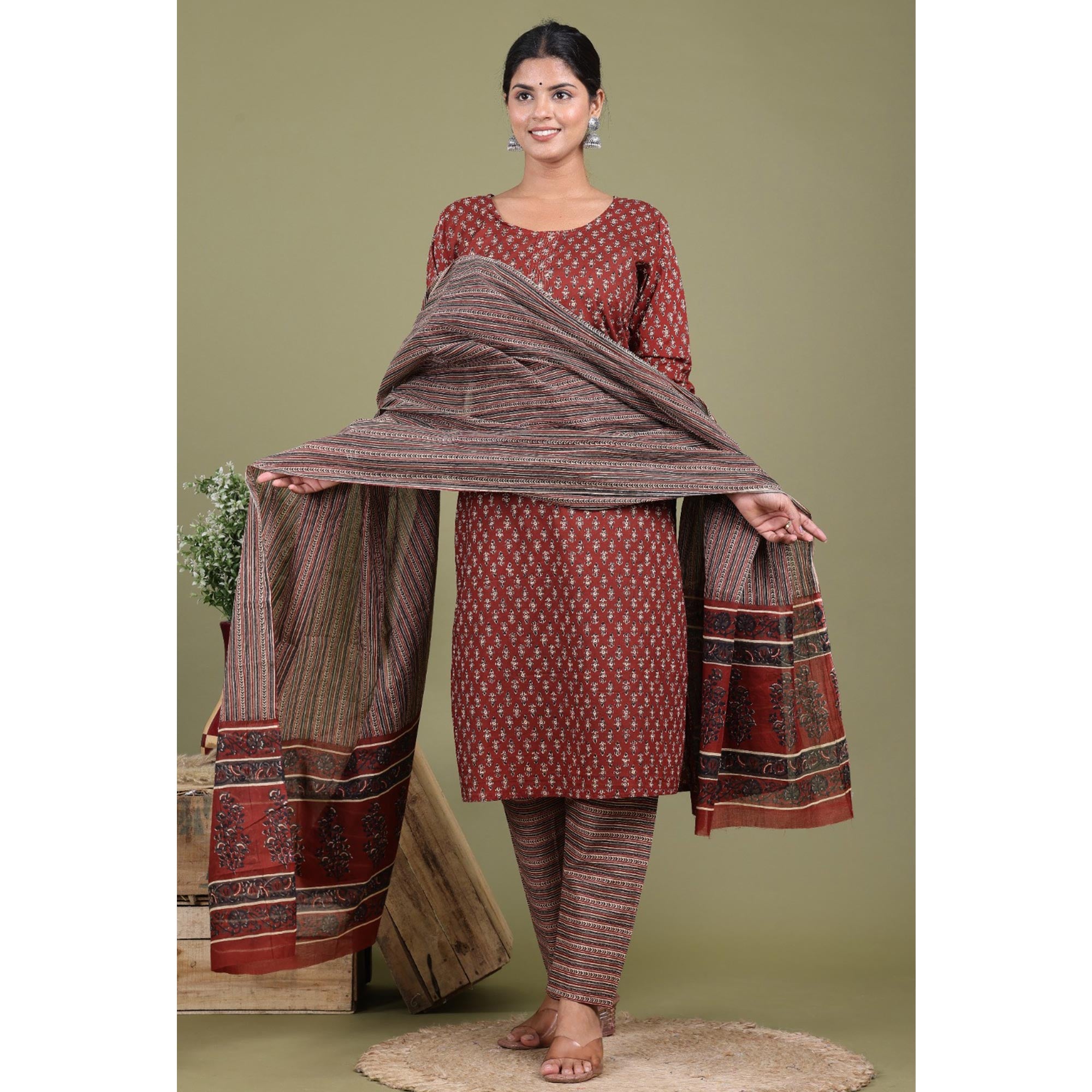 Maroon Floral Printed Pure Cotton Suit