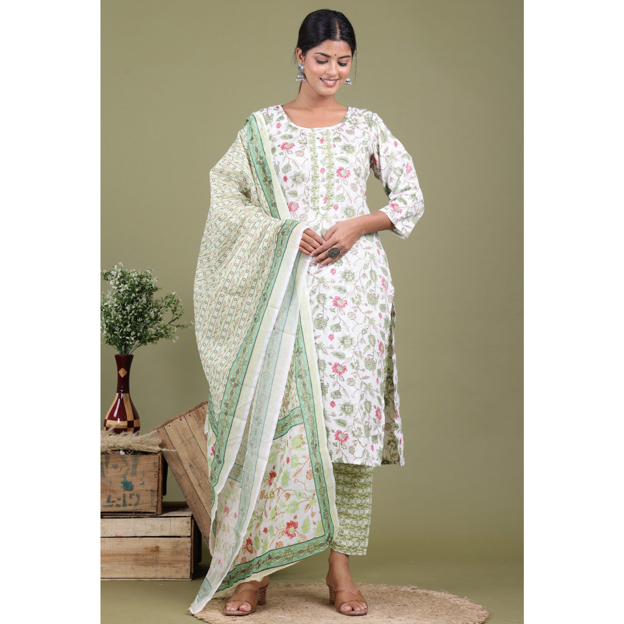 White Floral Foil Printed Rayon Suit