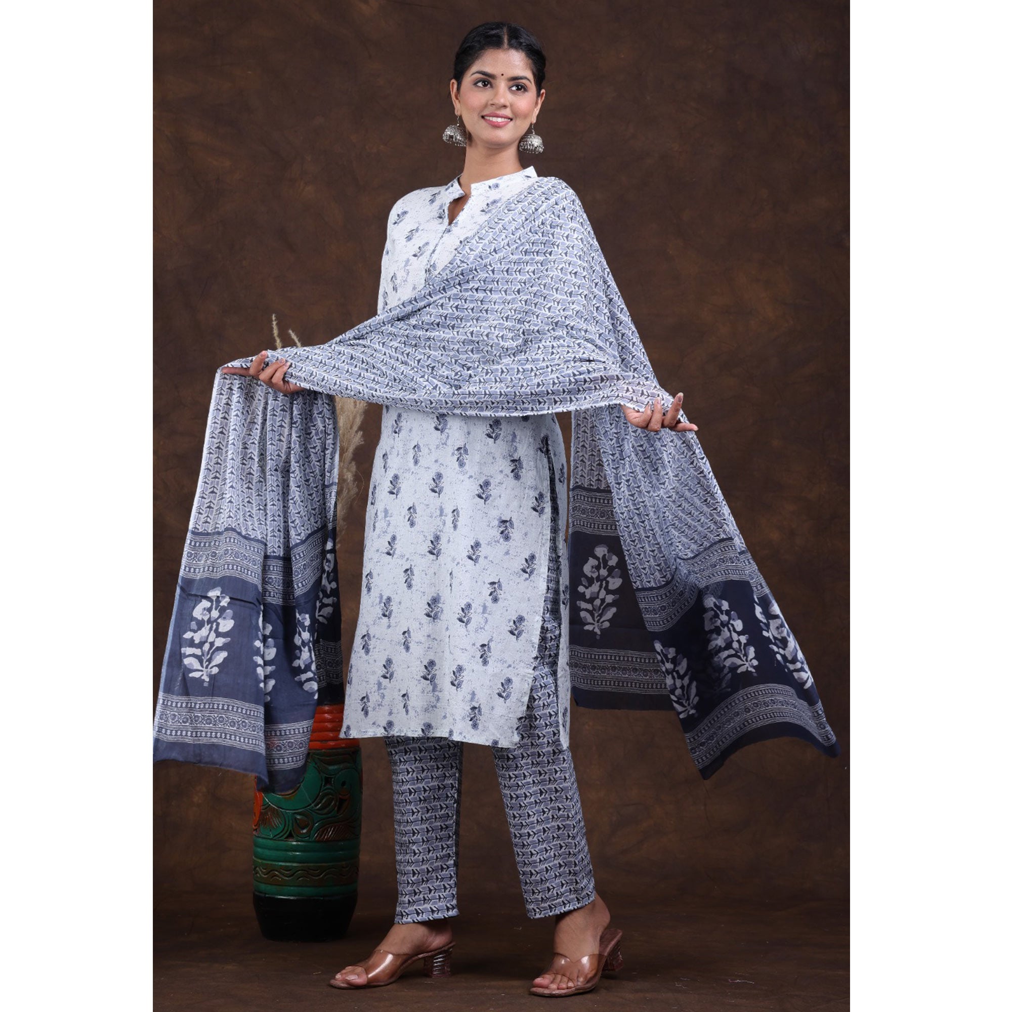 White-Grey Jaipuri Printed Pure Cotton Suit