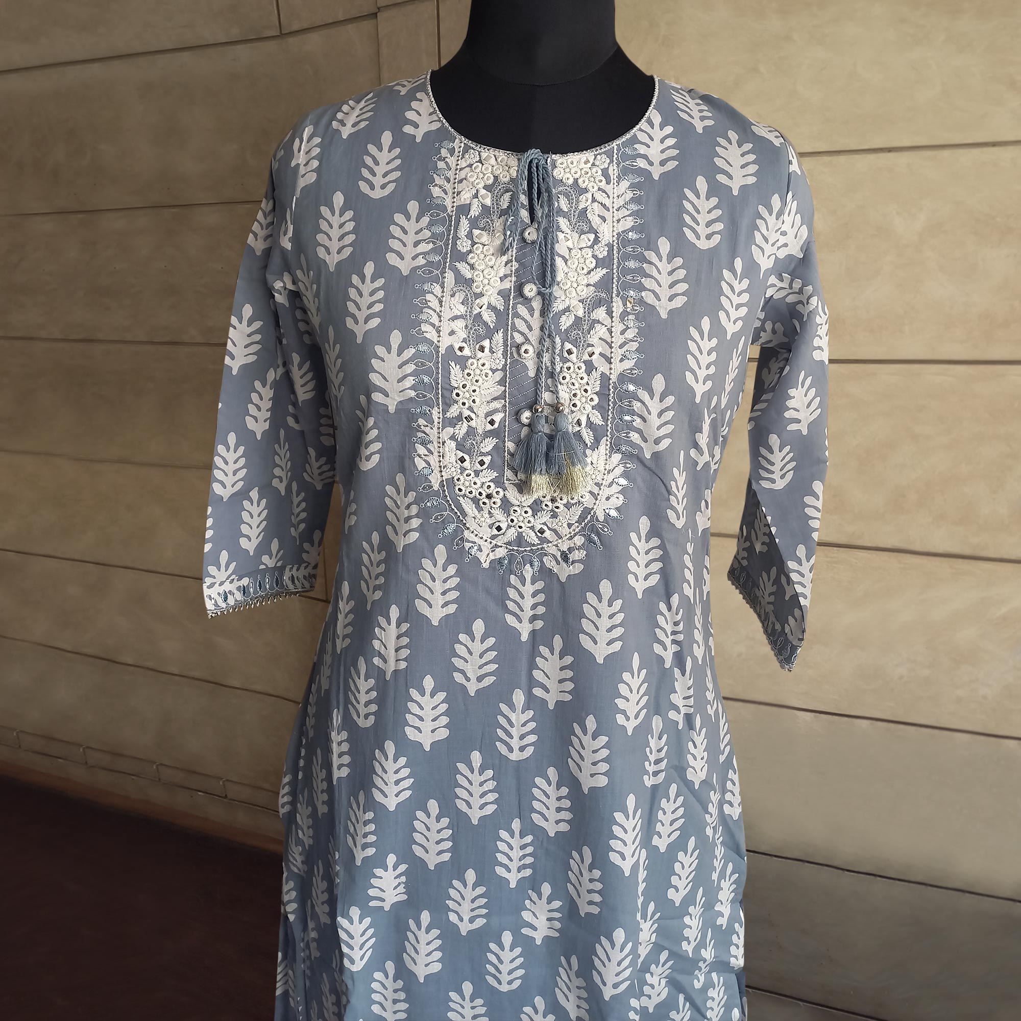 Grey Printed Pure Cotton Kurti Pant Set With Dupatta