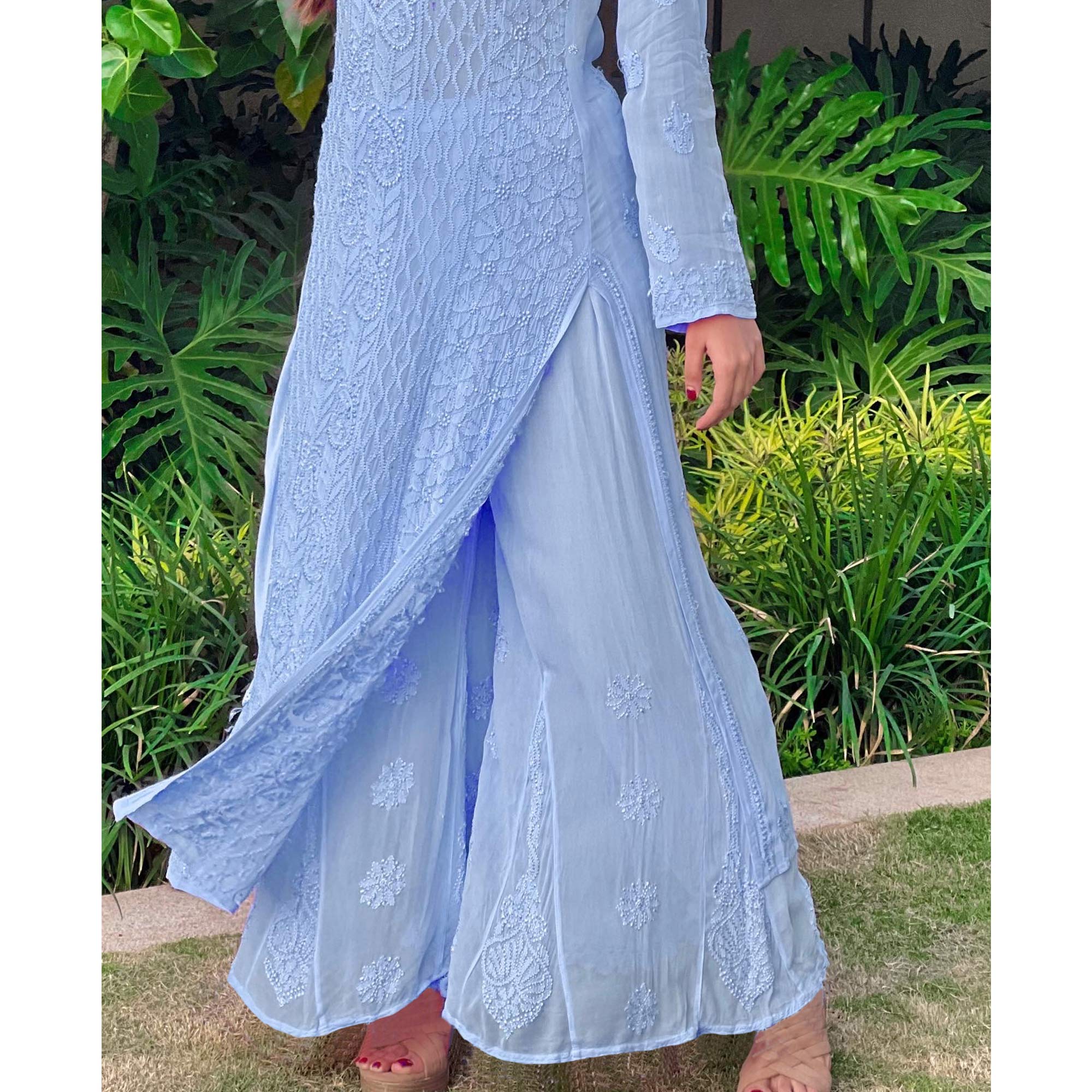 Violet Lucknowi Embroidered Georgette Kurti Palazzo Set