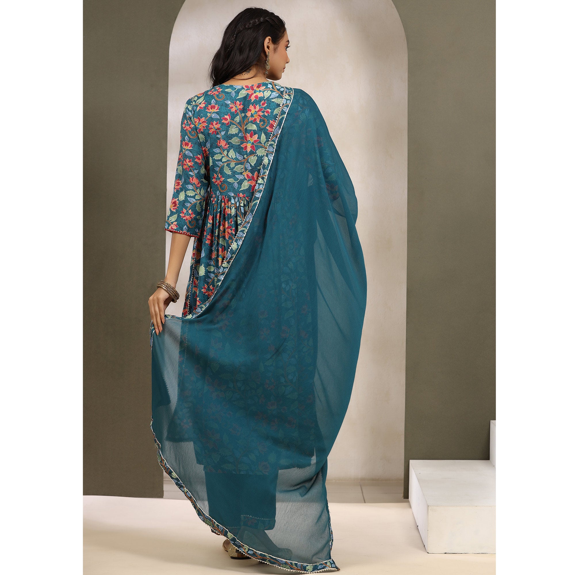 Teal Blue Jaipuri Printed Muslin Naira Cut Suit