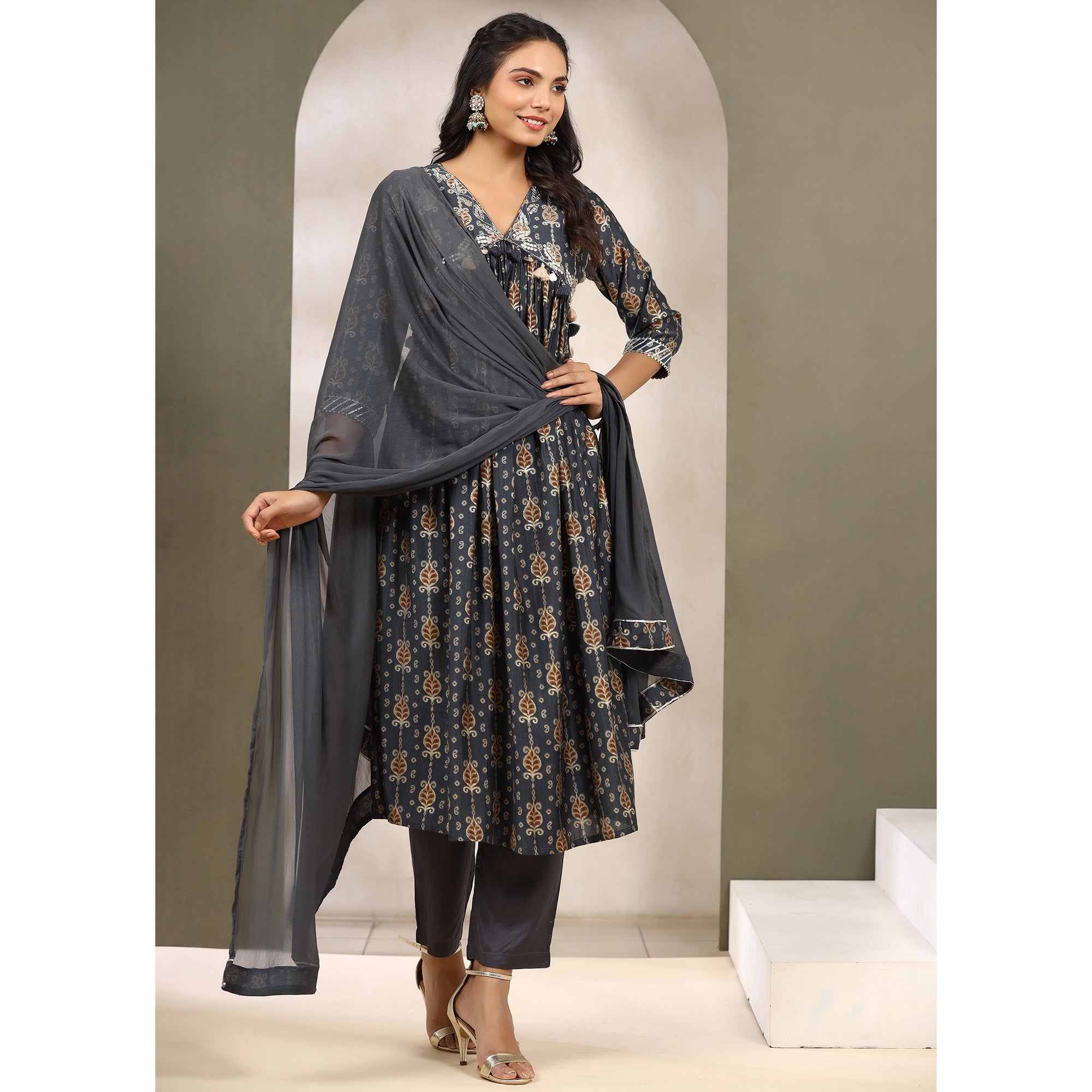 Grey Jaipuri Printed Muslin Naira Cut Suit