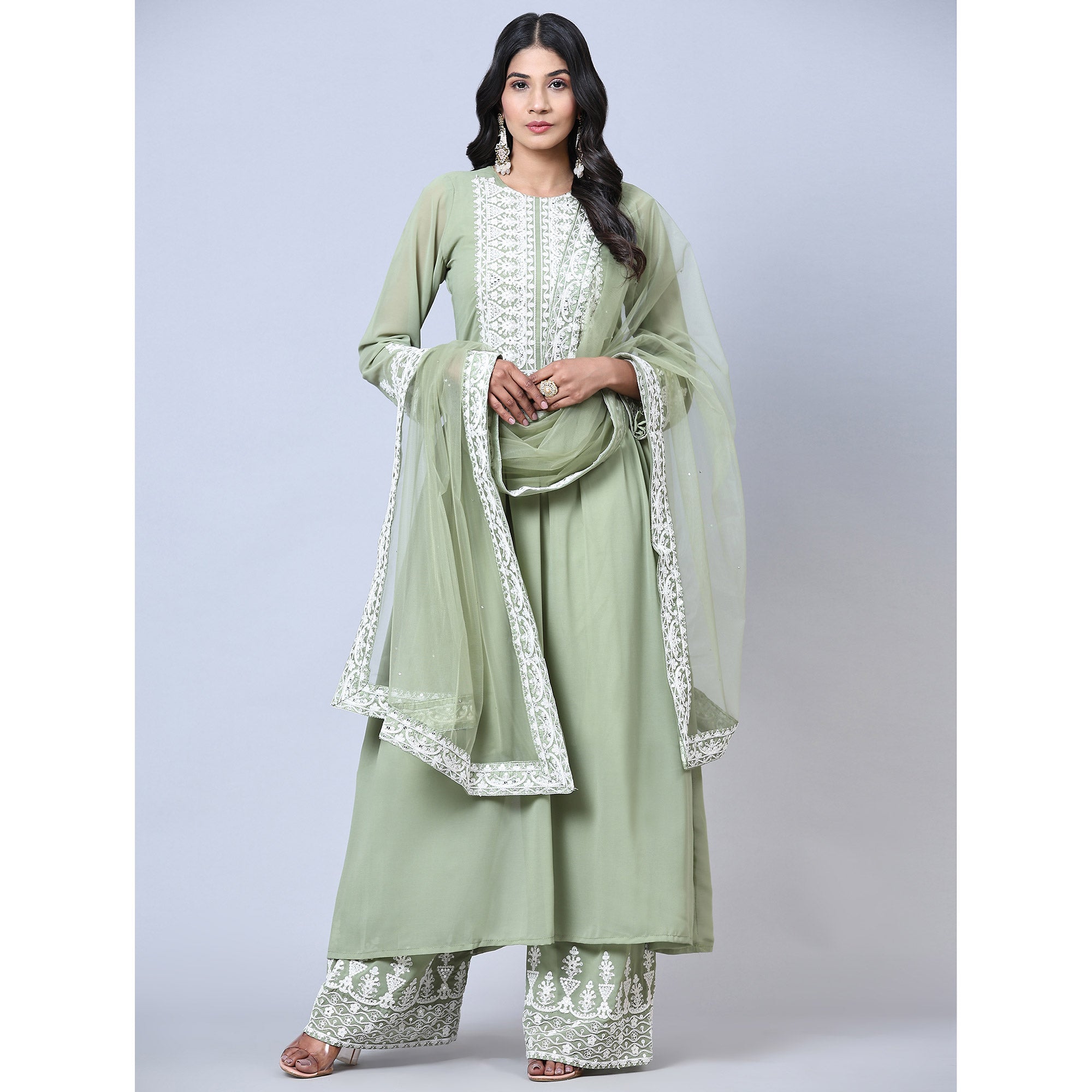 Green Partywear Embroidered Faux Georgette Palazzo Suit