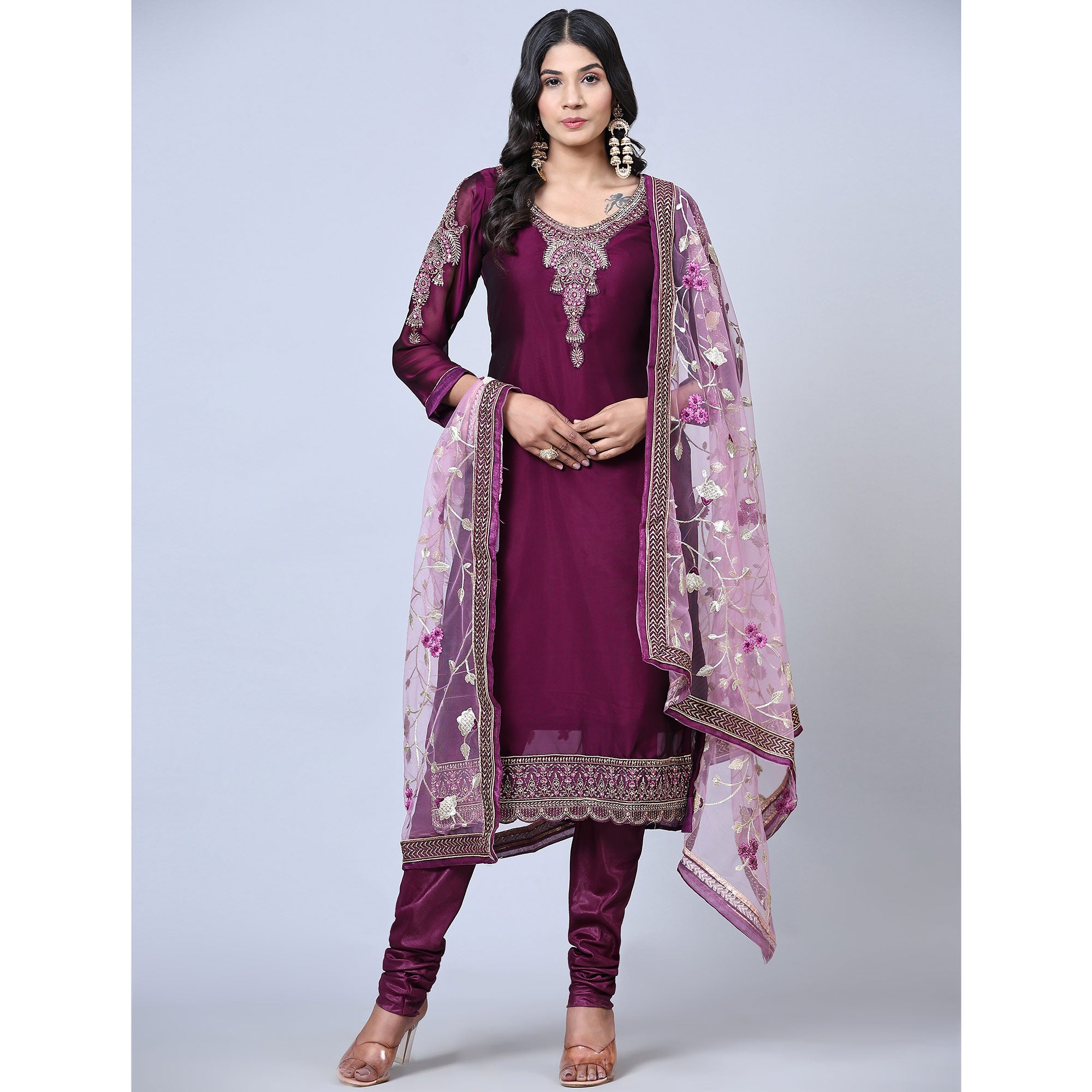 Purple Embroidered Georgette Partywear Suit