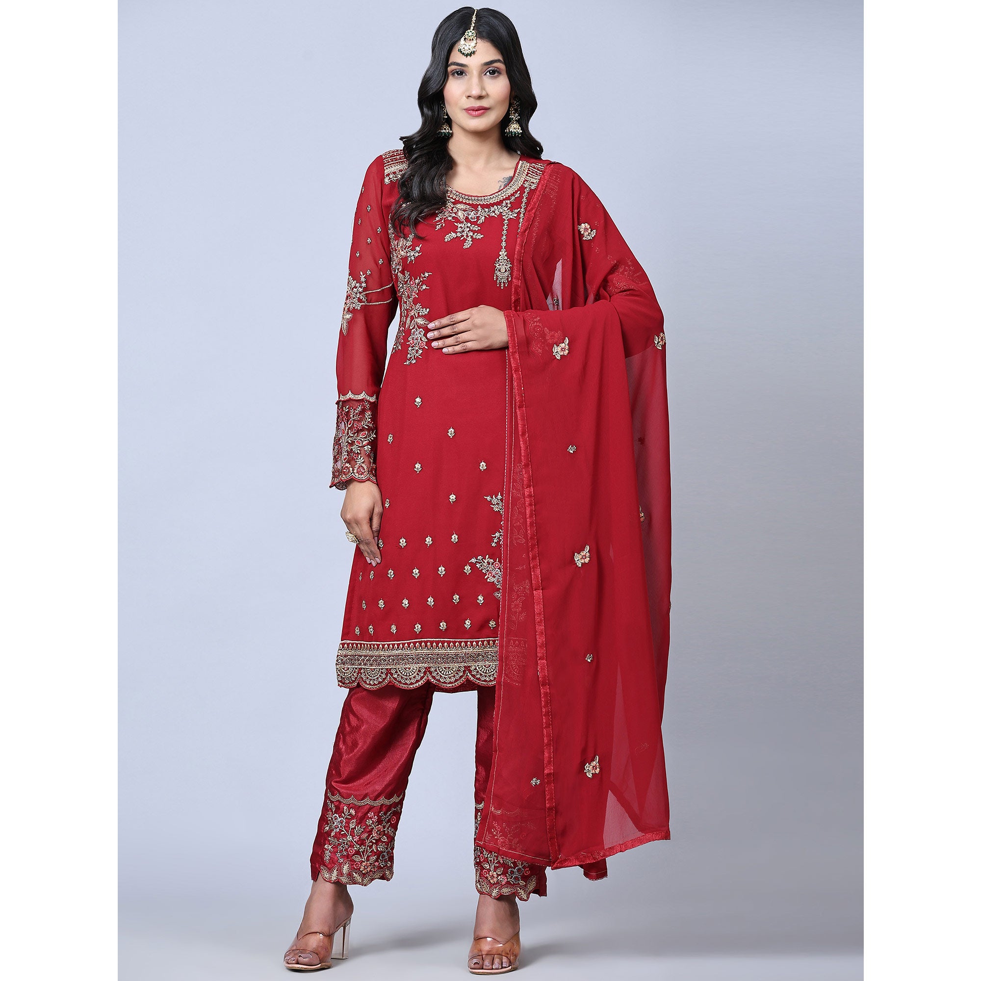 Maroon Embroidered Gerorgette Straight Partywear Suit
