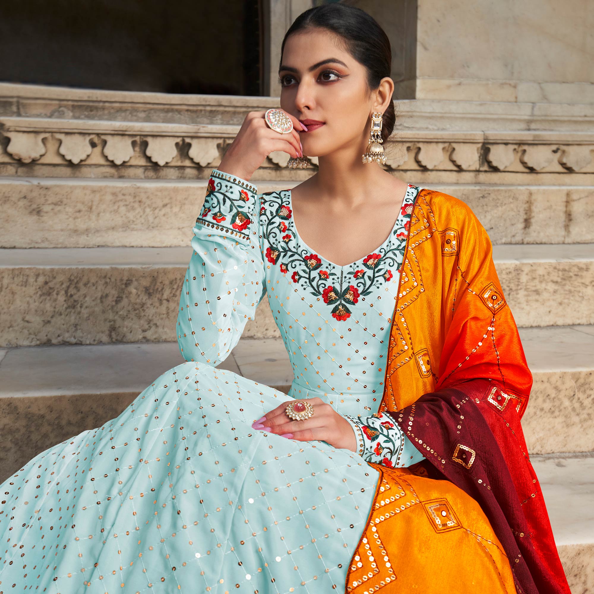 Sky Blue Sequins Embroidered Georgette Gown With Dupatta