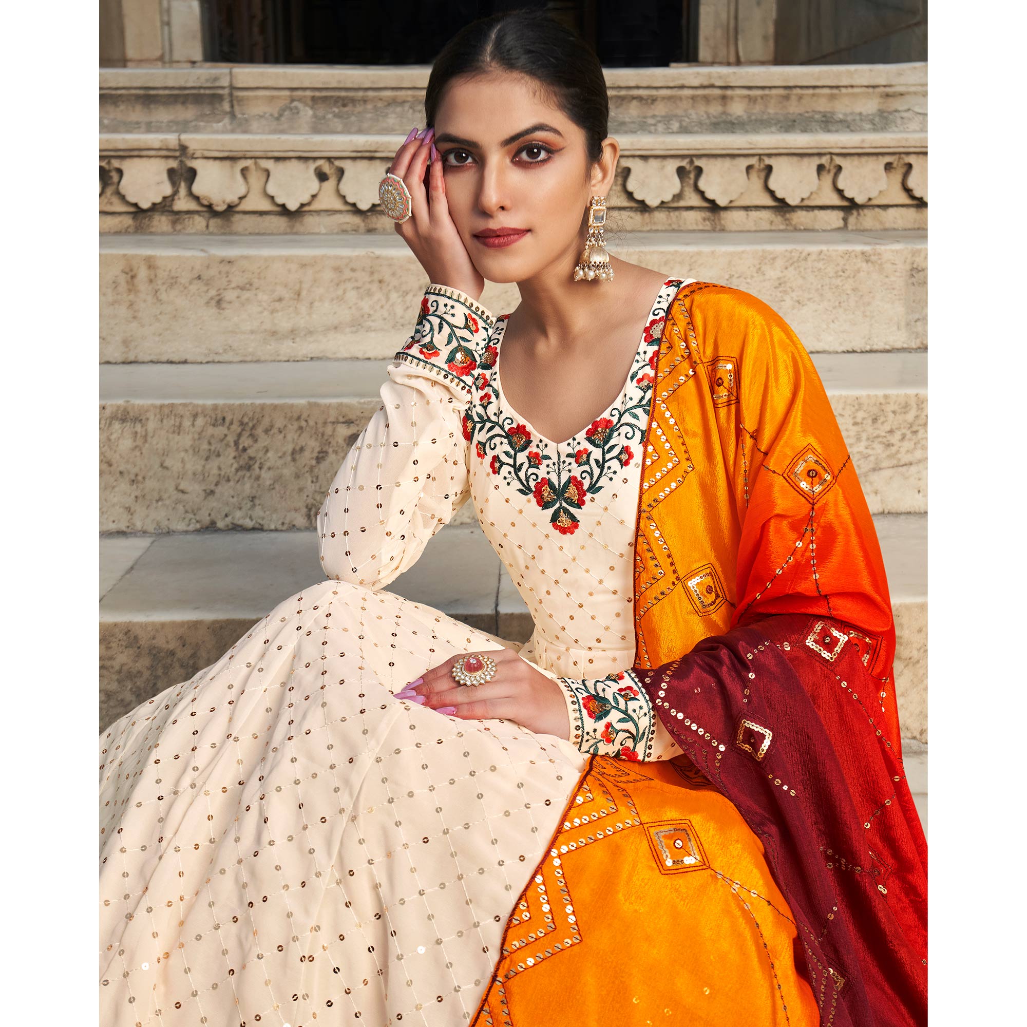 Cream Sequins Embroidered Georgette Gown With Dupatta