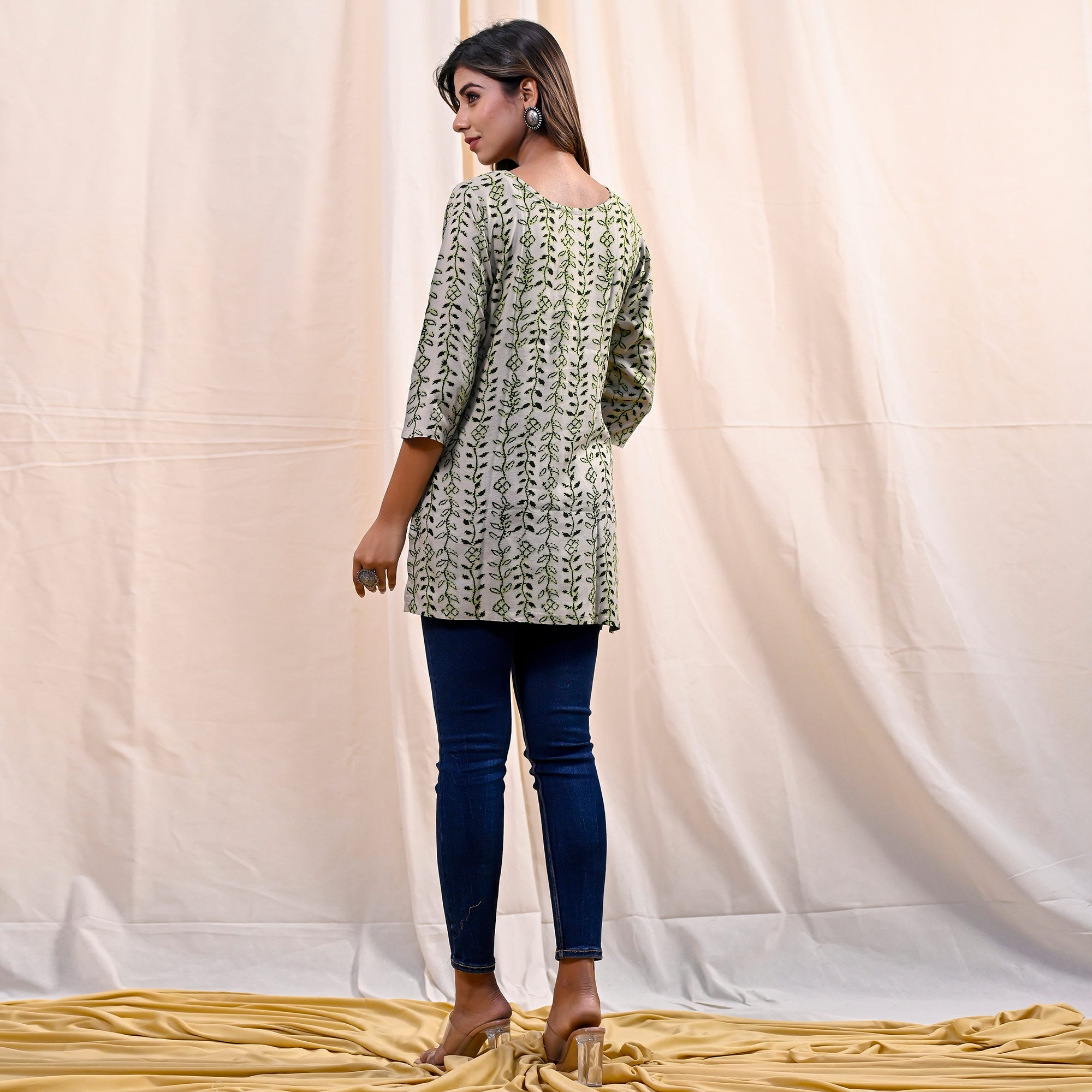 Green Floral Printed Rayon Top