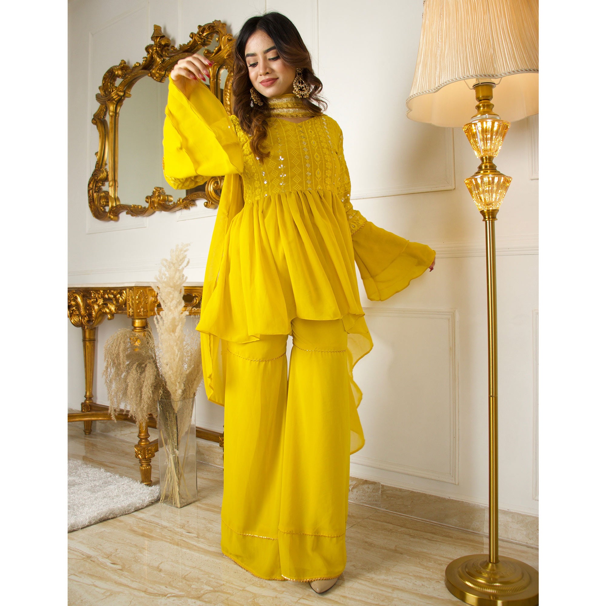 Lemon Yellow Sequins Embroidered Georgette Sharara Suit