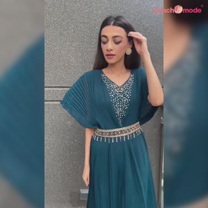 Blue Embellished Georgette Gown With Belt