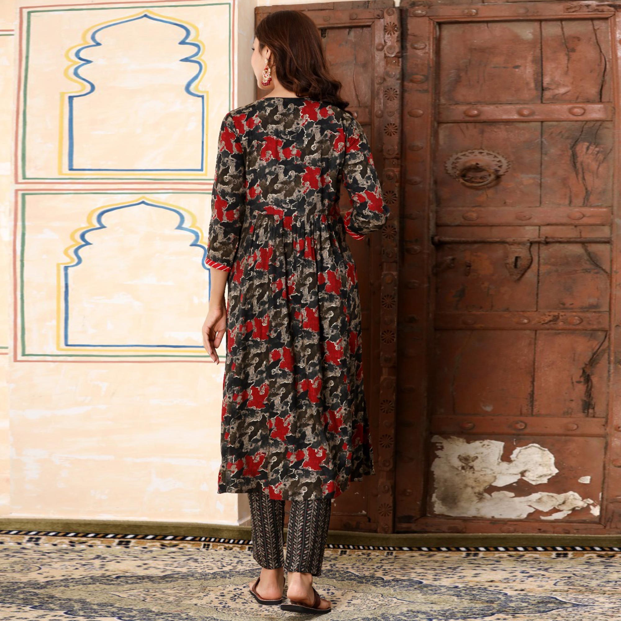 Black Printed & Embroidered Rayon Naira Cut Suit