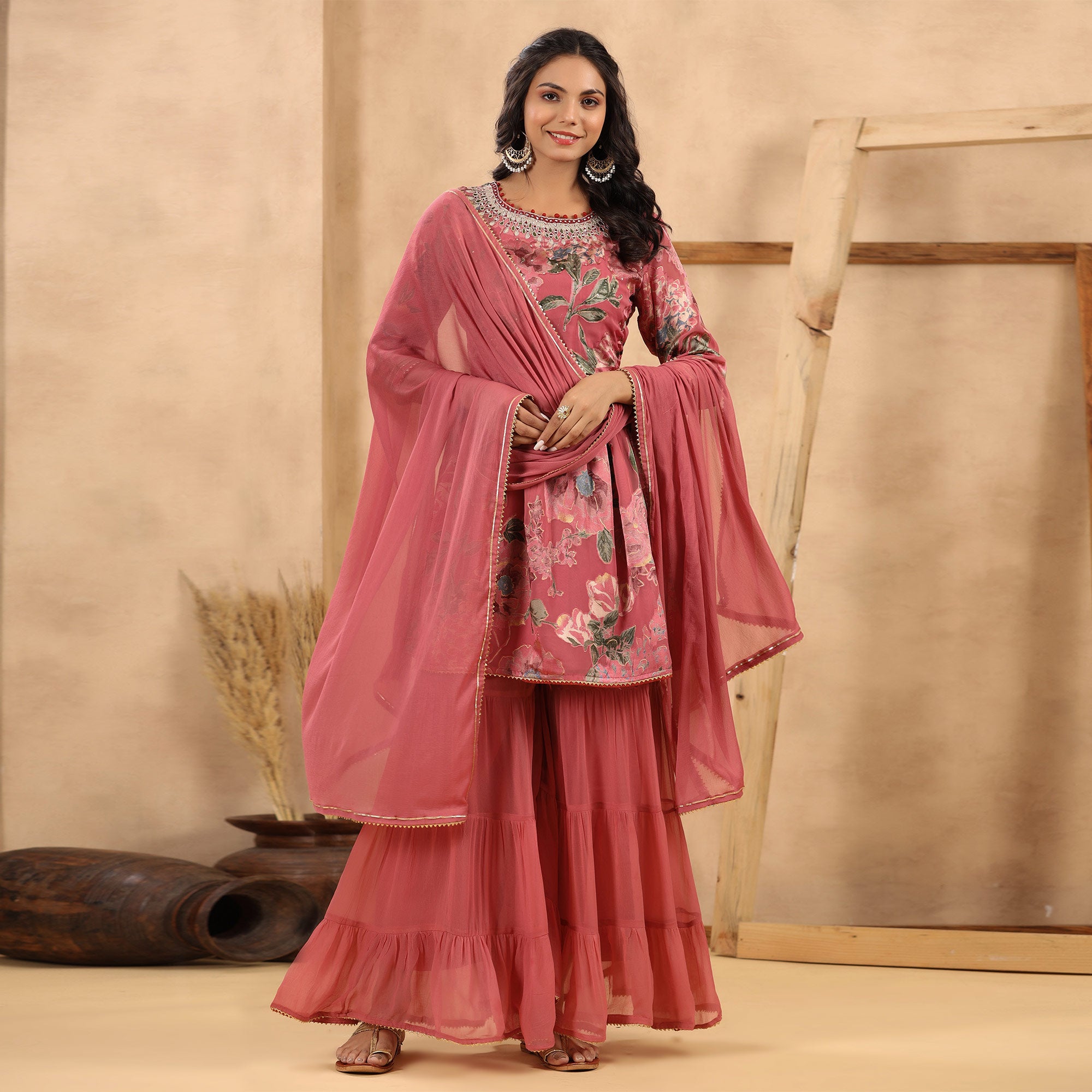 Mauve Floral Printed Georgette Sharara Suit