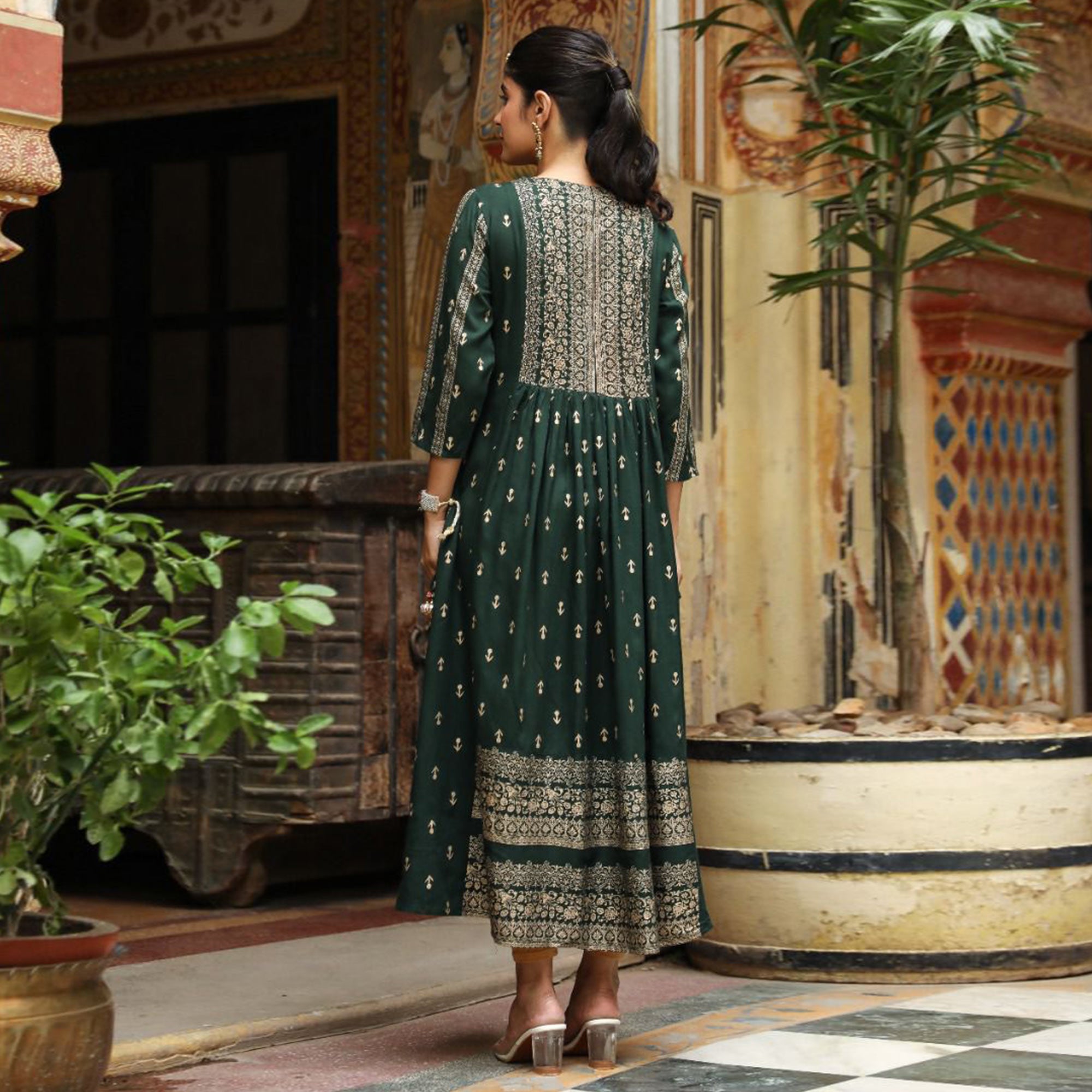 Green Printed With Embroidered Rayon Naira Cut Kurti