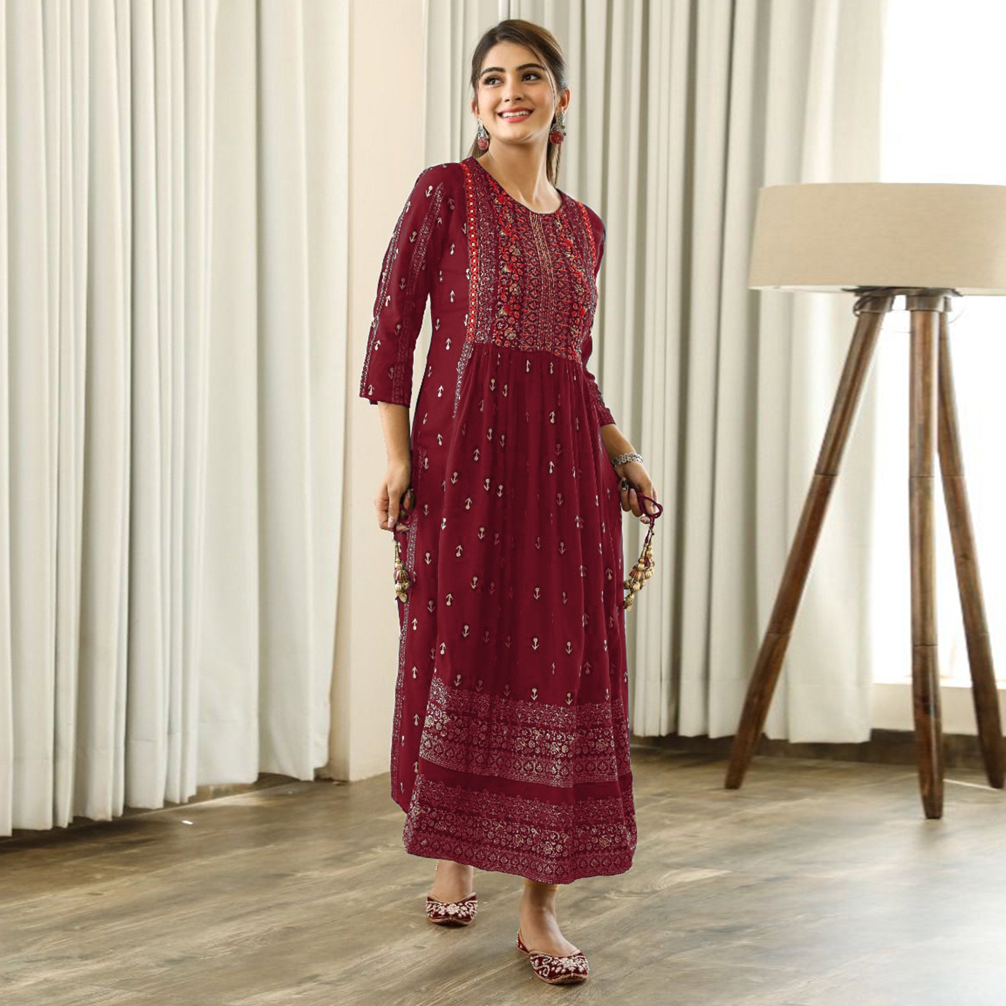 Maroon Printed With Embroidered Rayon Naira Cut Kurti