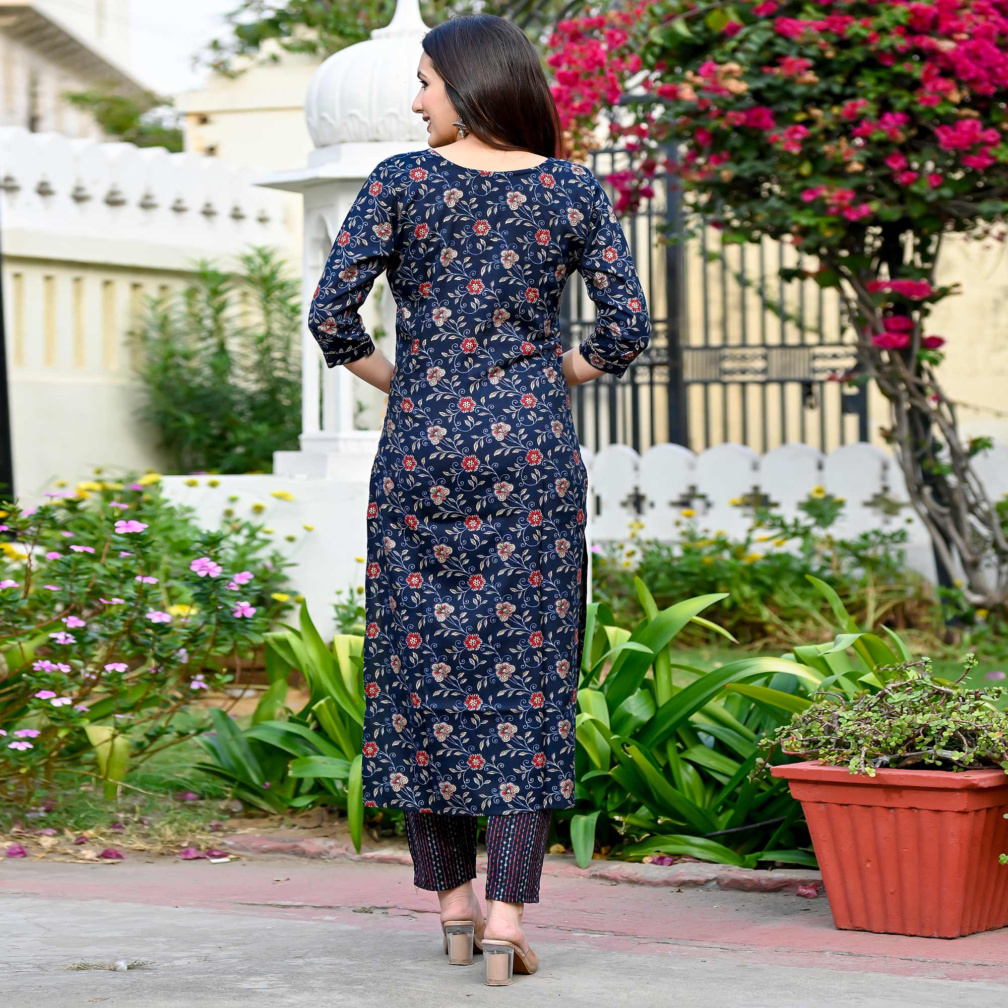 Navy Blue Floral Foil Printed Rayon Suit