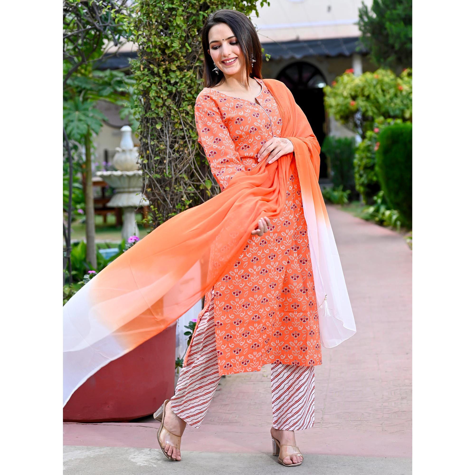 Orange Floral Printed Pure Cotton Salwar Suit