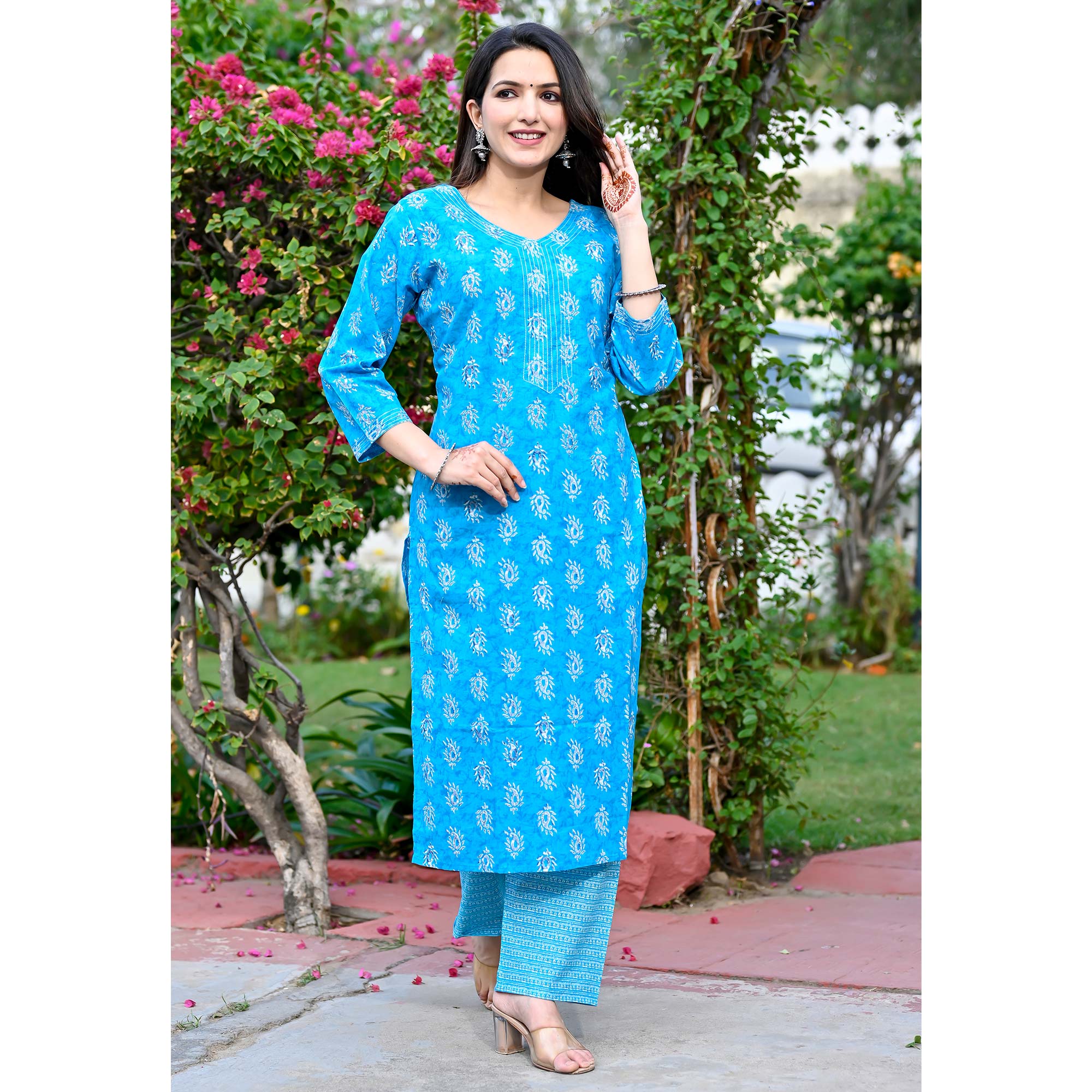 Blue Printed Pure Cotton Salwar Suit