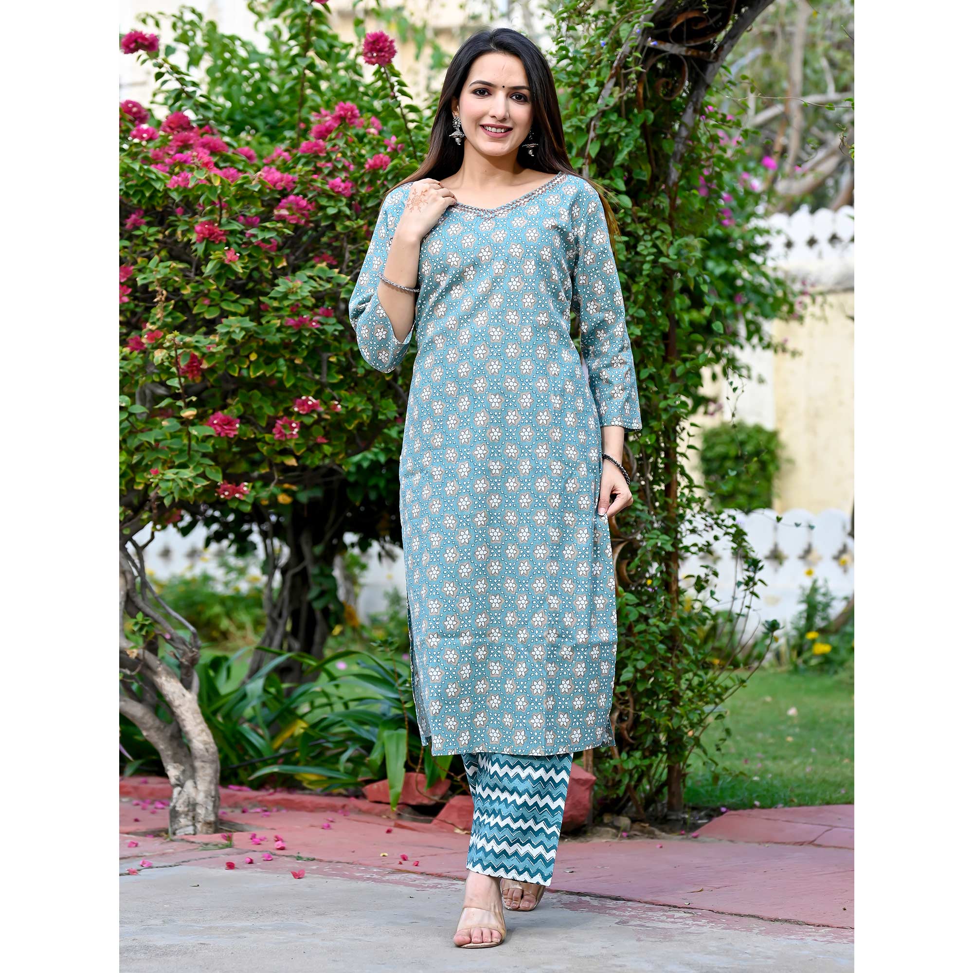 Blue Floral Printed Pure Cotton Salwar Suit