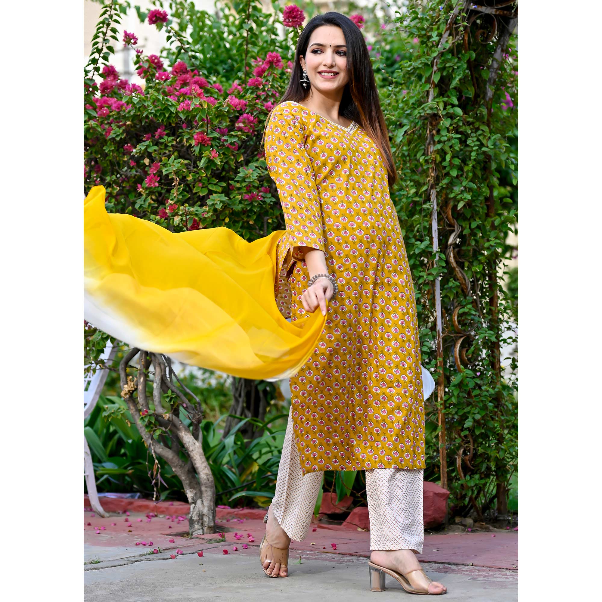 Mustard Floral Printed Pure Cotton Salwar Suit