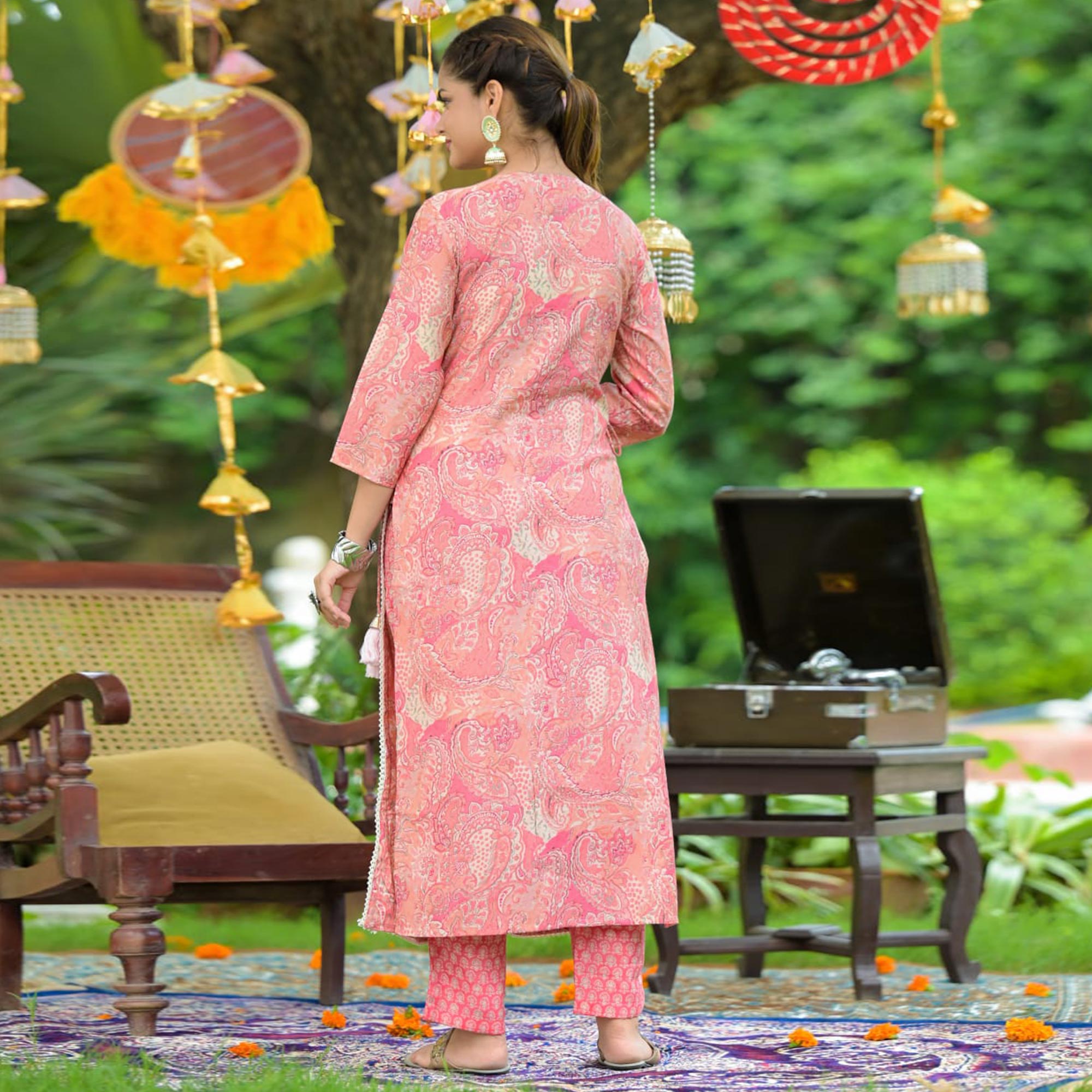 Pink Printed With Embellished Chanderi Anarkali Suit