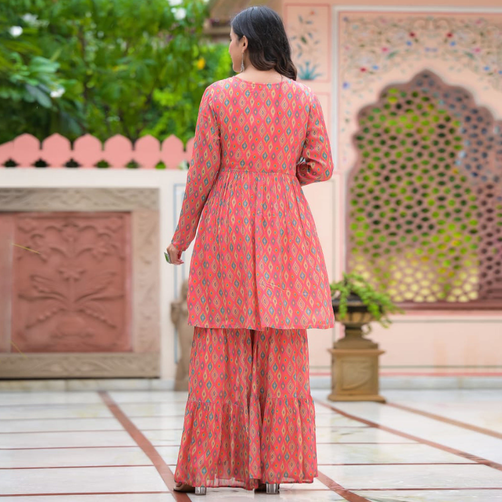 Pink Printed Chiffon Sharara Suit