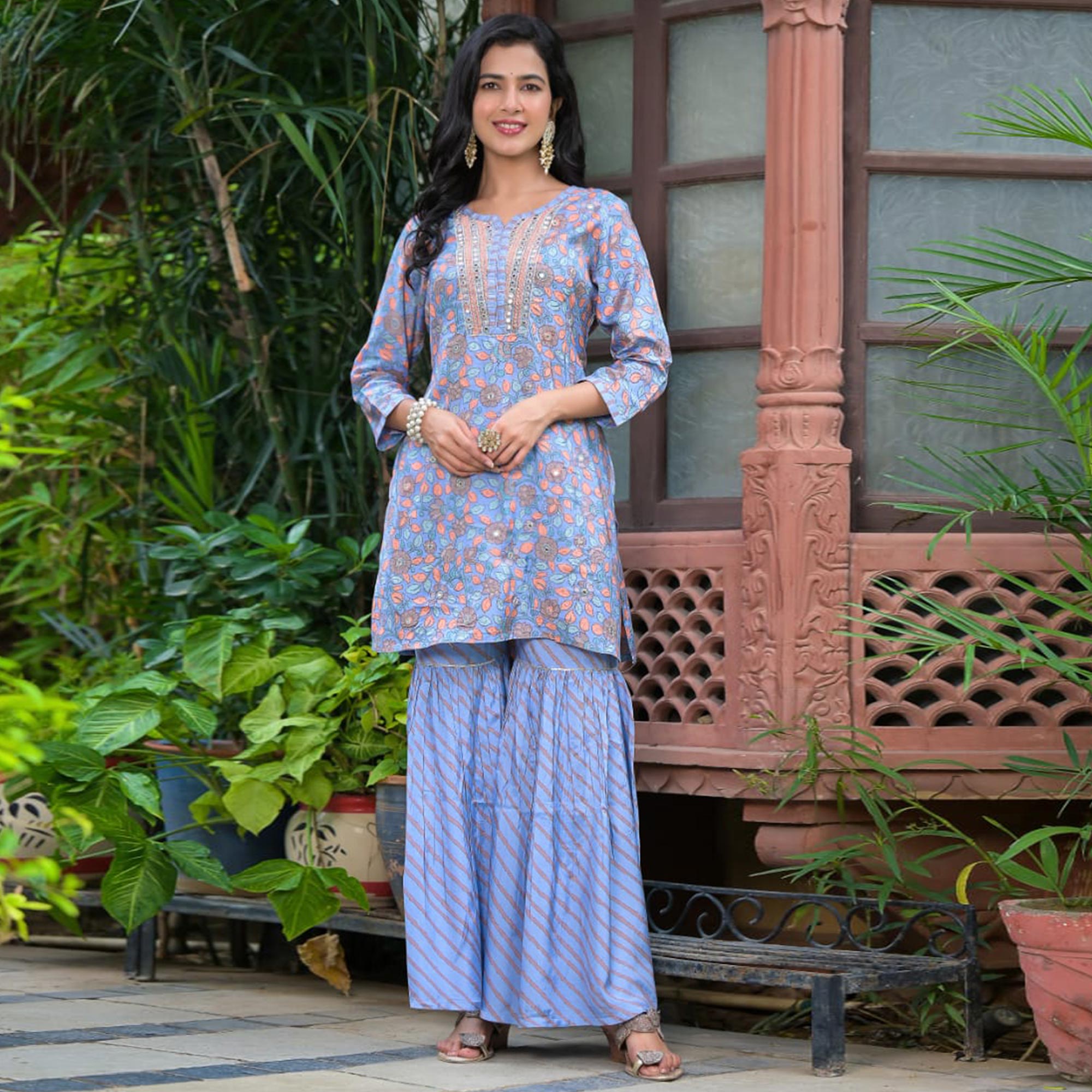 Blue Floral Printed Muslin Sharara Suit