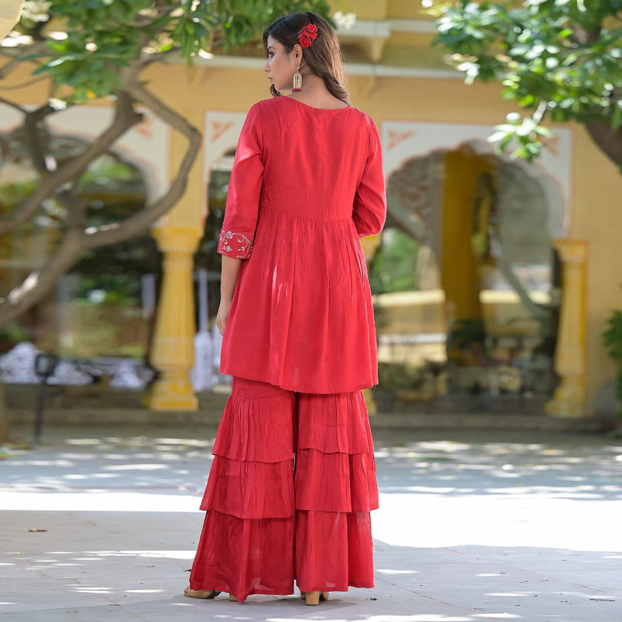 Red Floral Embroidered Muslin Sharara Suit