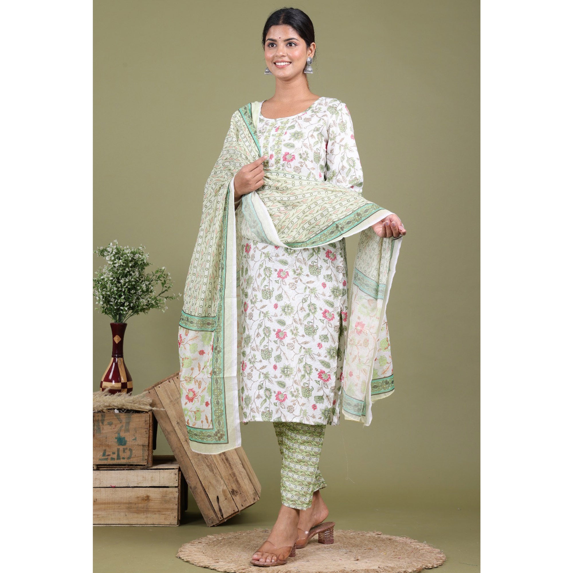 White Floral Foil Printed Rayon Suit