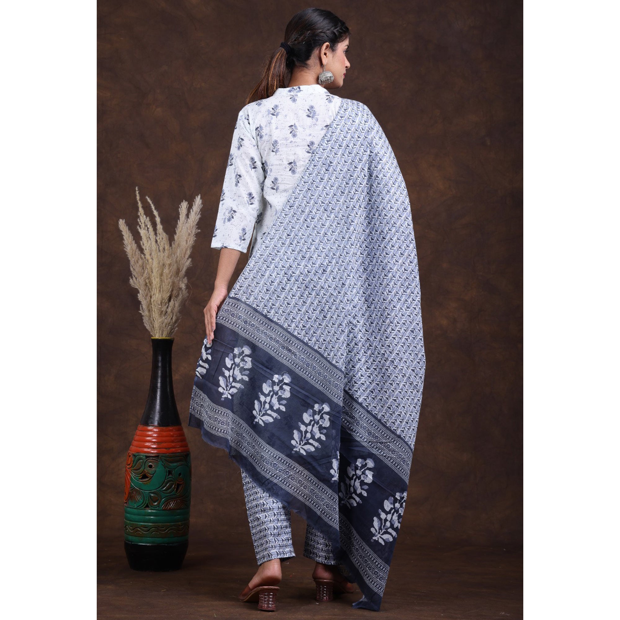 White-Grey Jaipuri Printed Pure Cotton Suit