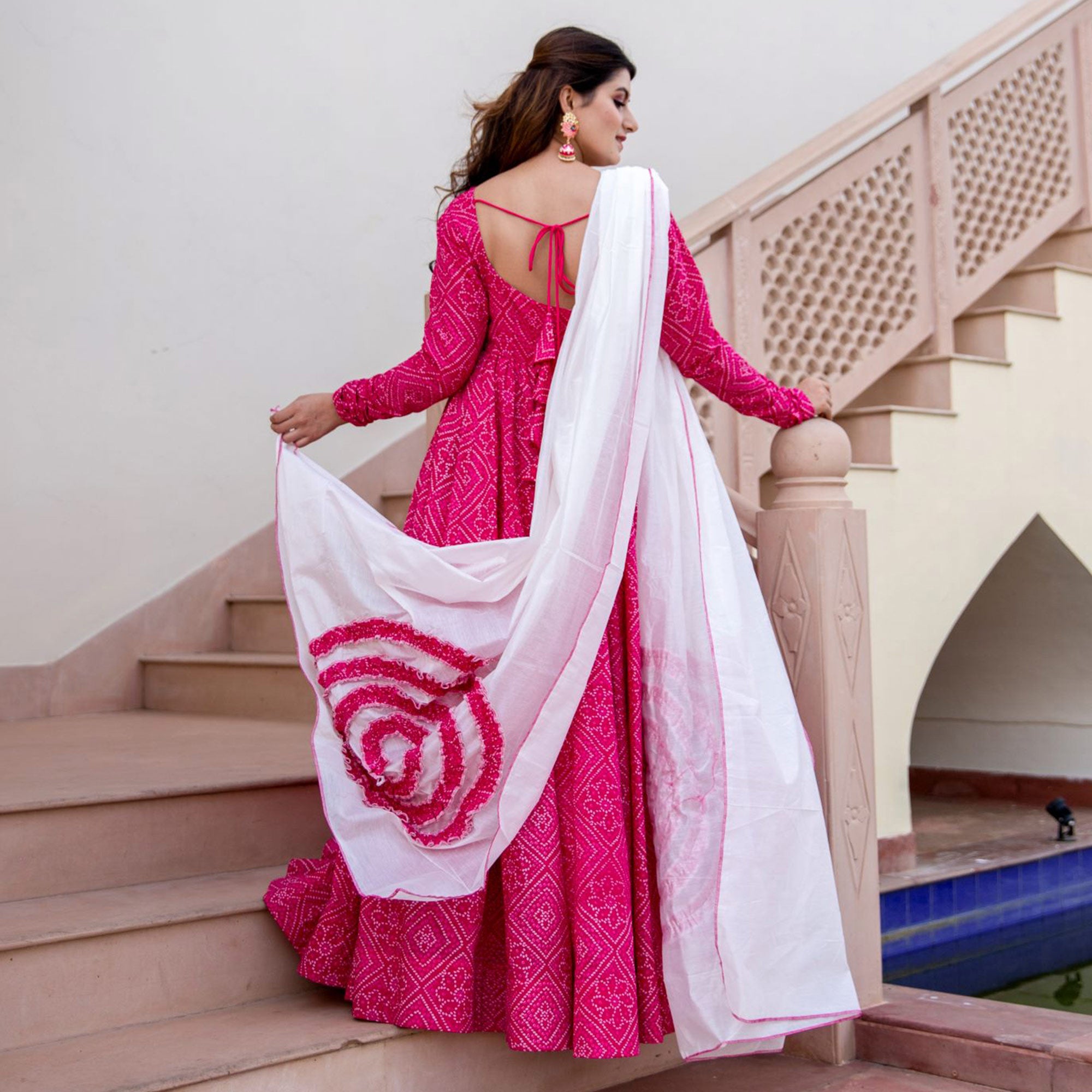 Pink Bandhani Printed Rayon Gown With Dupatta