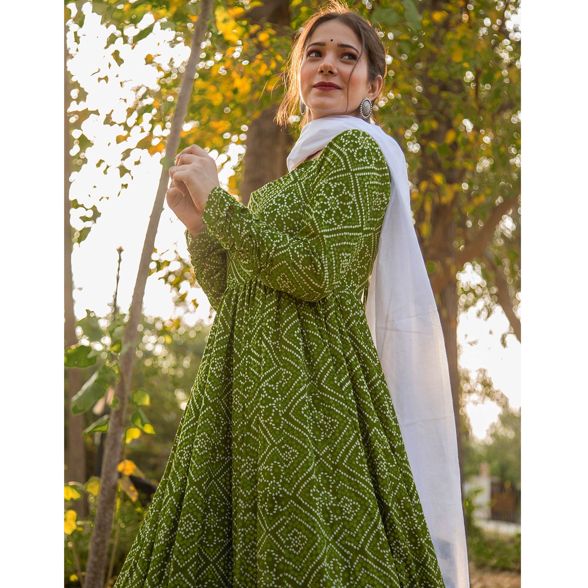 Green Bandhani Printed Rayon Gown With Dupatta