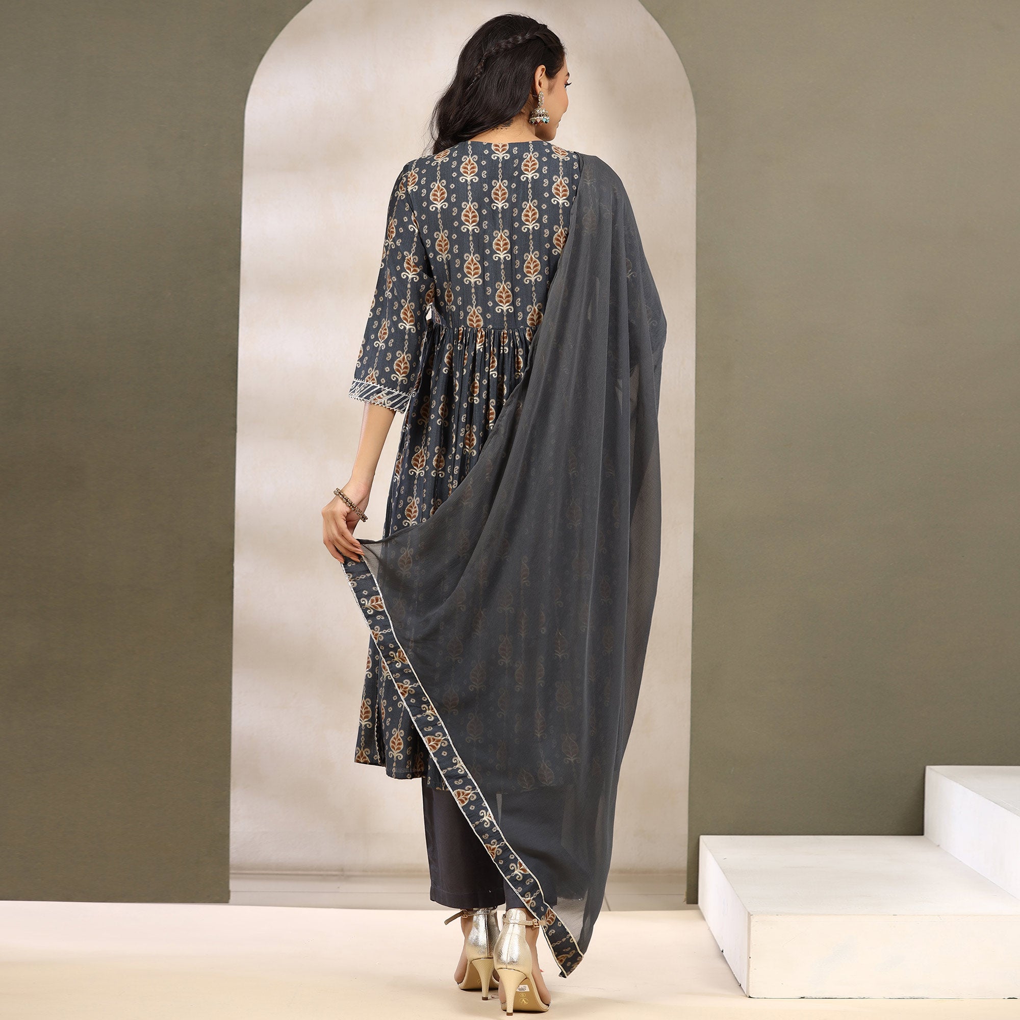 Grey Jaipuri Printed Muslin Naira Cut Suit