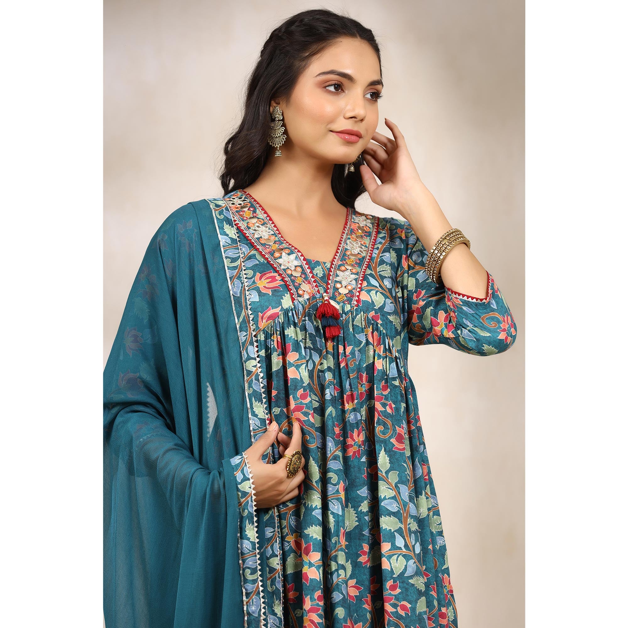 Teal Blue Jaipuri Printed Muslin Naira Cut Suit